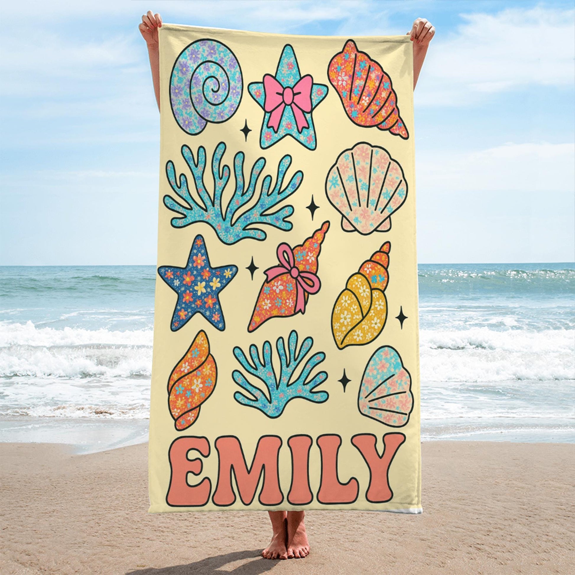 Custom Seashell Beach Towel – Personalized Floral Ocean Name Towel for Kids or Teens, Summer Gift, Cute Starfish & Coral Pool Towel