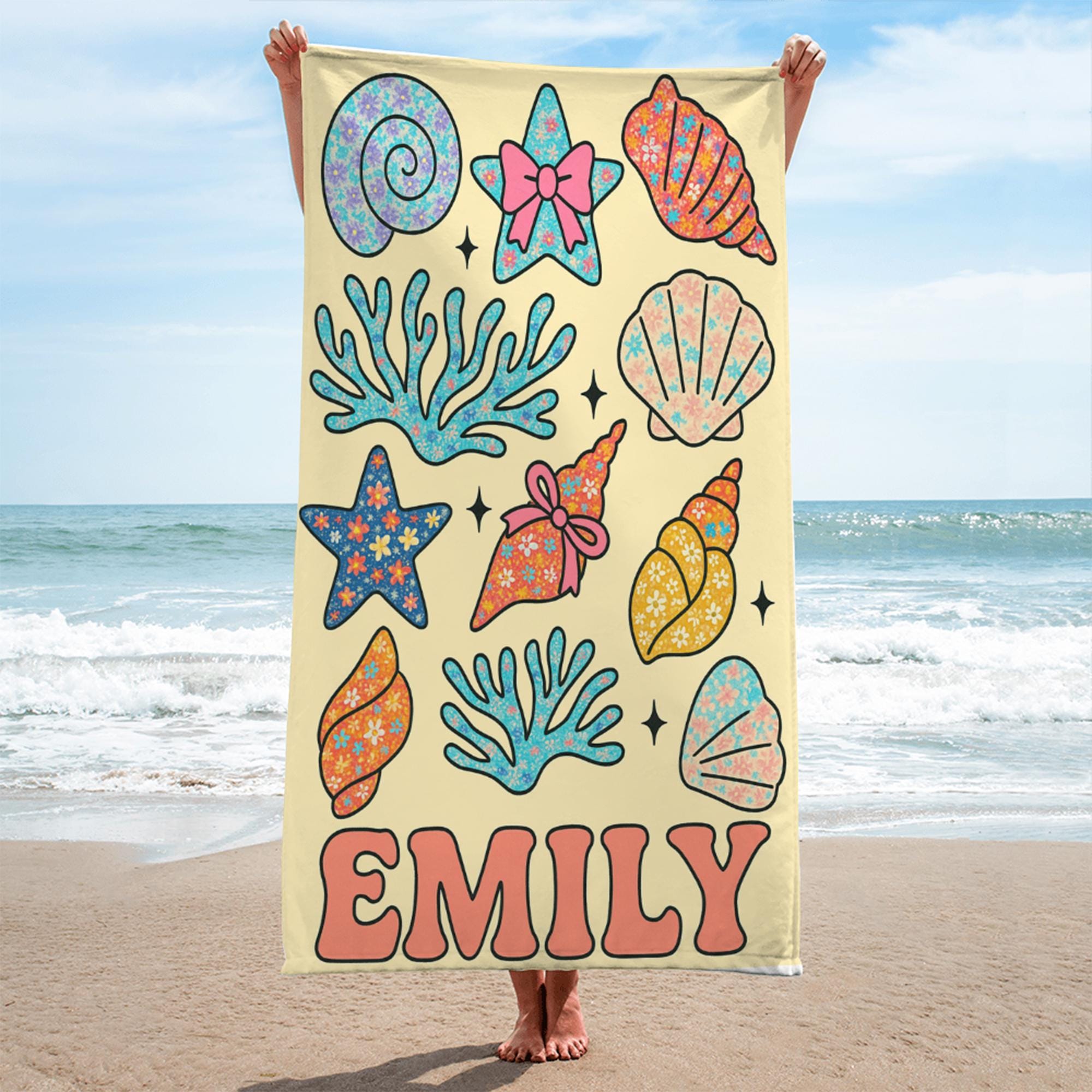 Custom Seashell Beach Towel – Personalized Floral Ocean Name Towel for Kids or Teens, Summer Gift, Cute Starfish & Coral Pool Towel