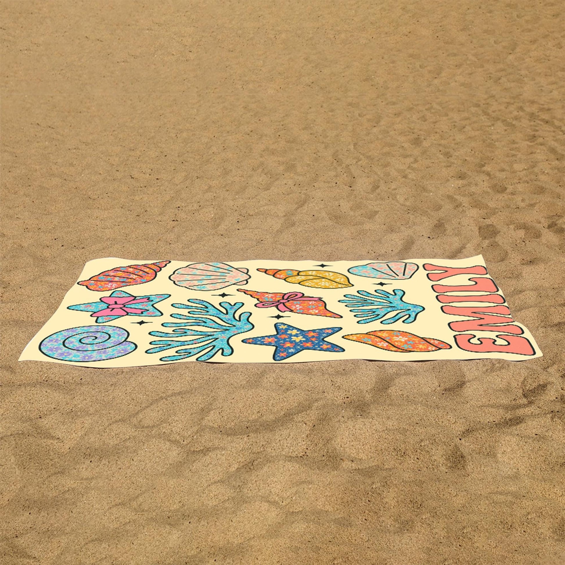 Custom Seashell Beach Towel – Personalized Floral Ocean Name Towel for Kids or Teens, Summer Gift, Cute Starfish & Coral Pool Towel