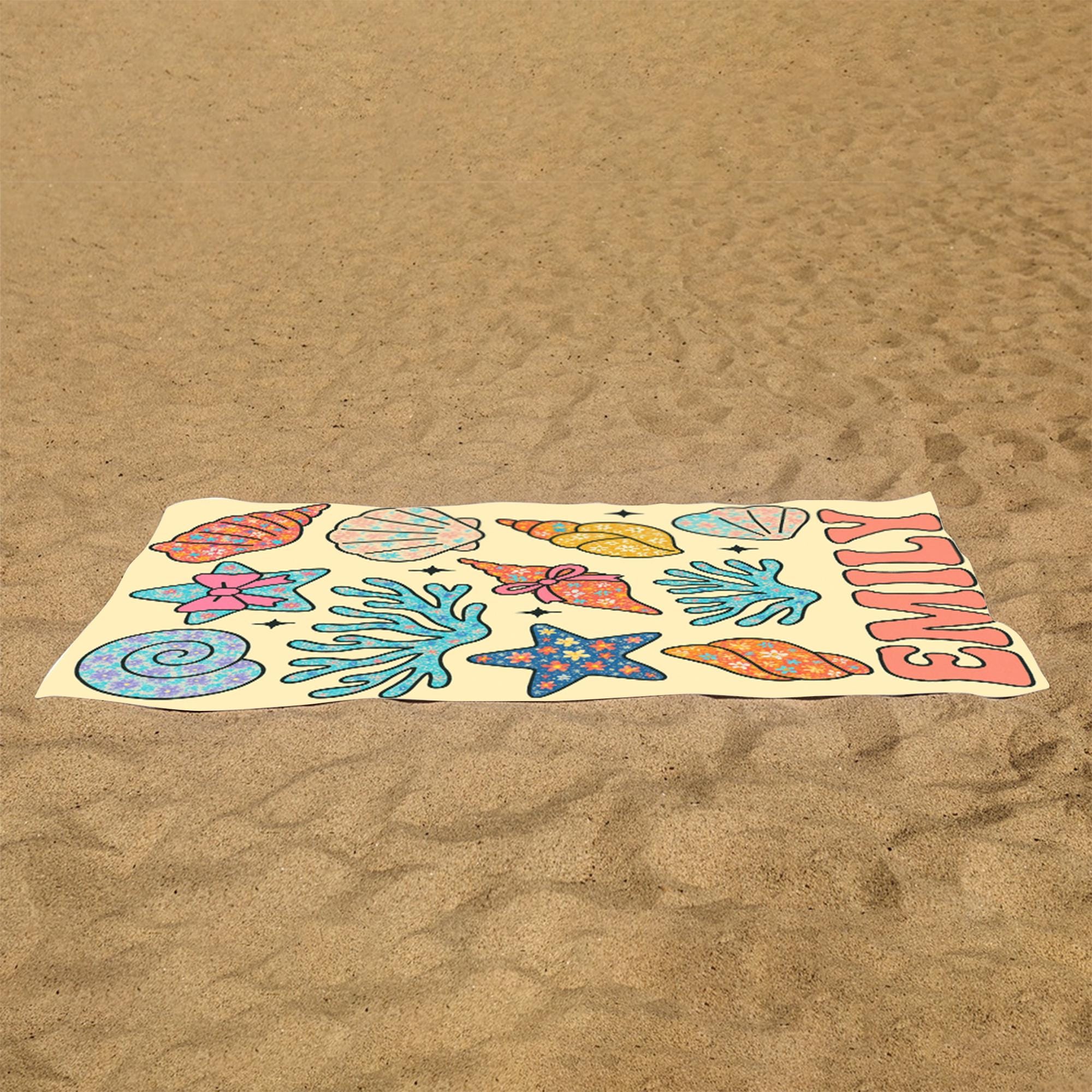 Custom Seashell Beach Towel – Personalized Floral Ocean Name Towel for Kids or Teens, Summer Gift, Cute Starfish & Coral Pool Towel