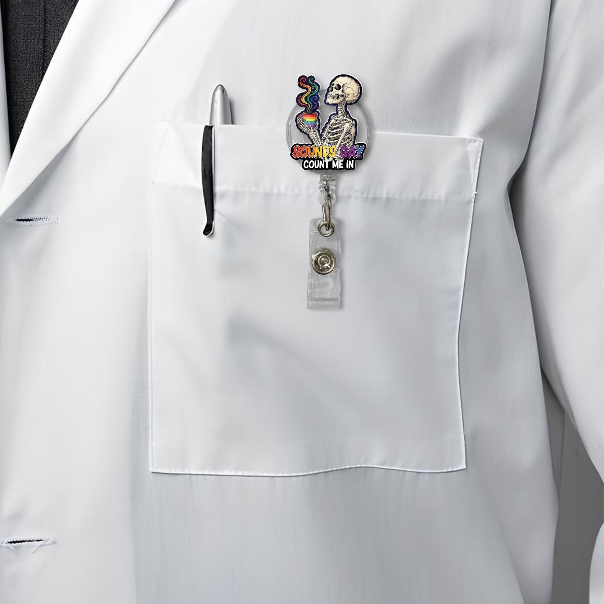 Sounds Gay Count Me In Badge Reel – Funny Skeleton LGBTQ ID Clip – Pride Nurse Gift – Rainbow Retractable Badge Holder for Work