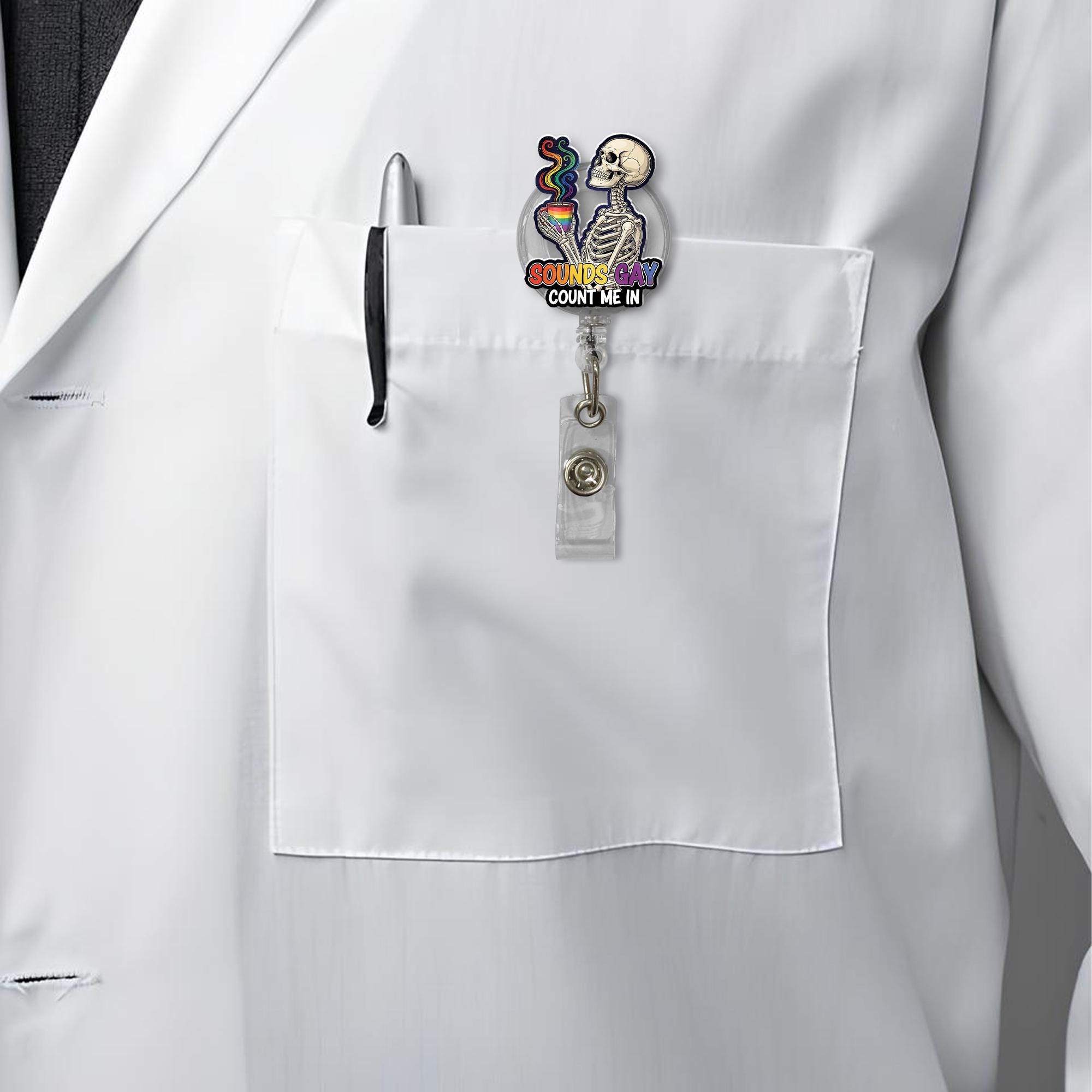 Sounds Gay Count Me In Badge Reel – Funny Skeleton LGBTQ ID Clip – Pride Nurse Gift – Rainbow Retractable Badge Holder for Work