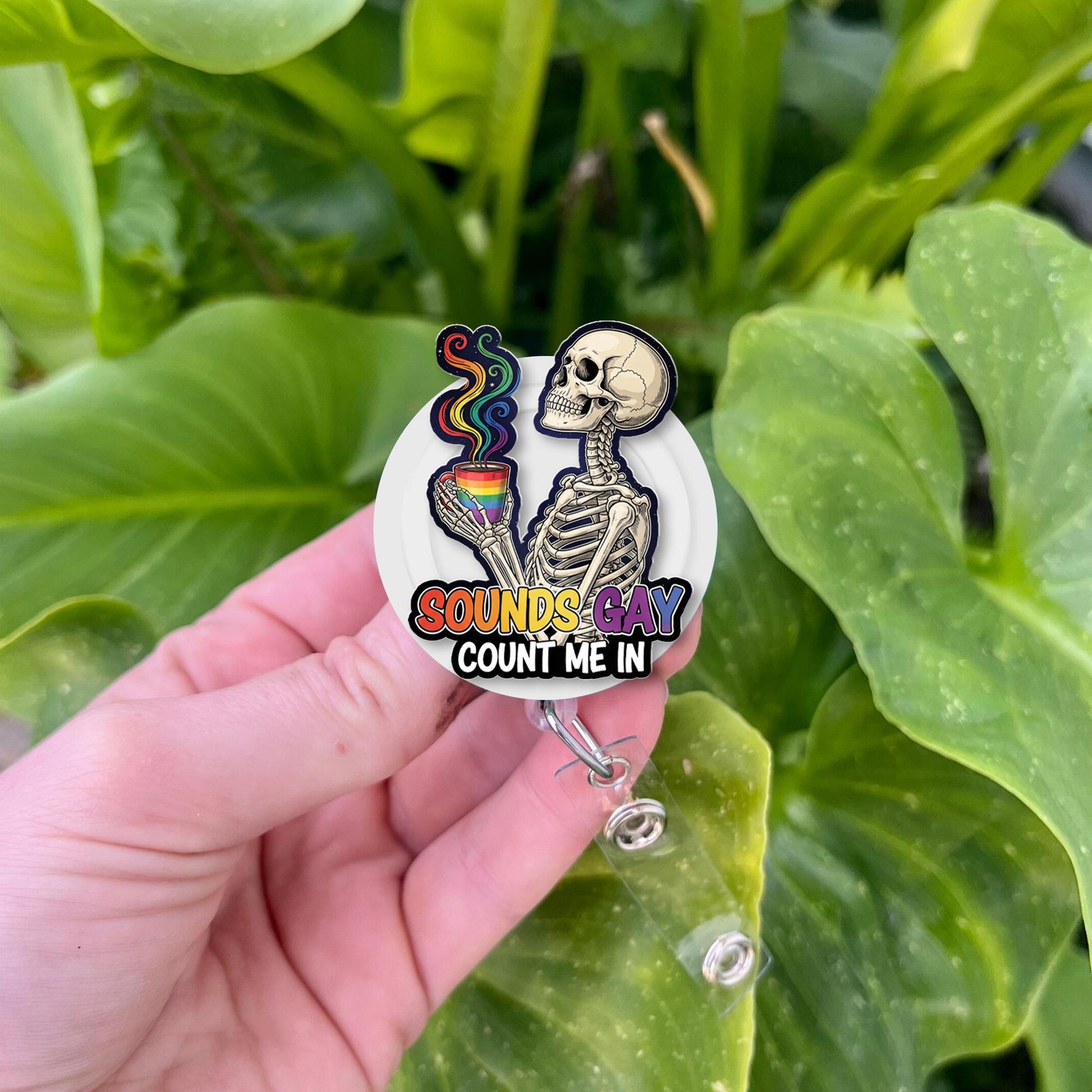 Sounds Gay Count Me In Badge Reel – Funny Skeleton LGBTQ ID Clip – Pride Nurse Gift – Rainbow Retractable Badge Holder for Work
