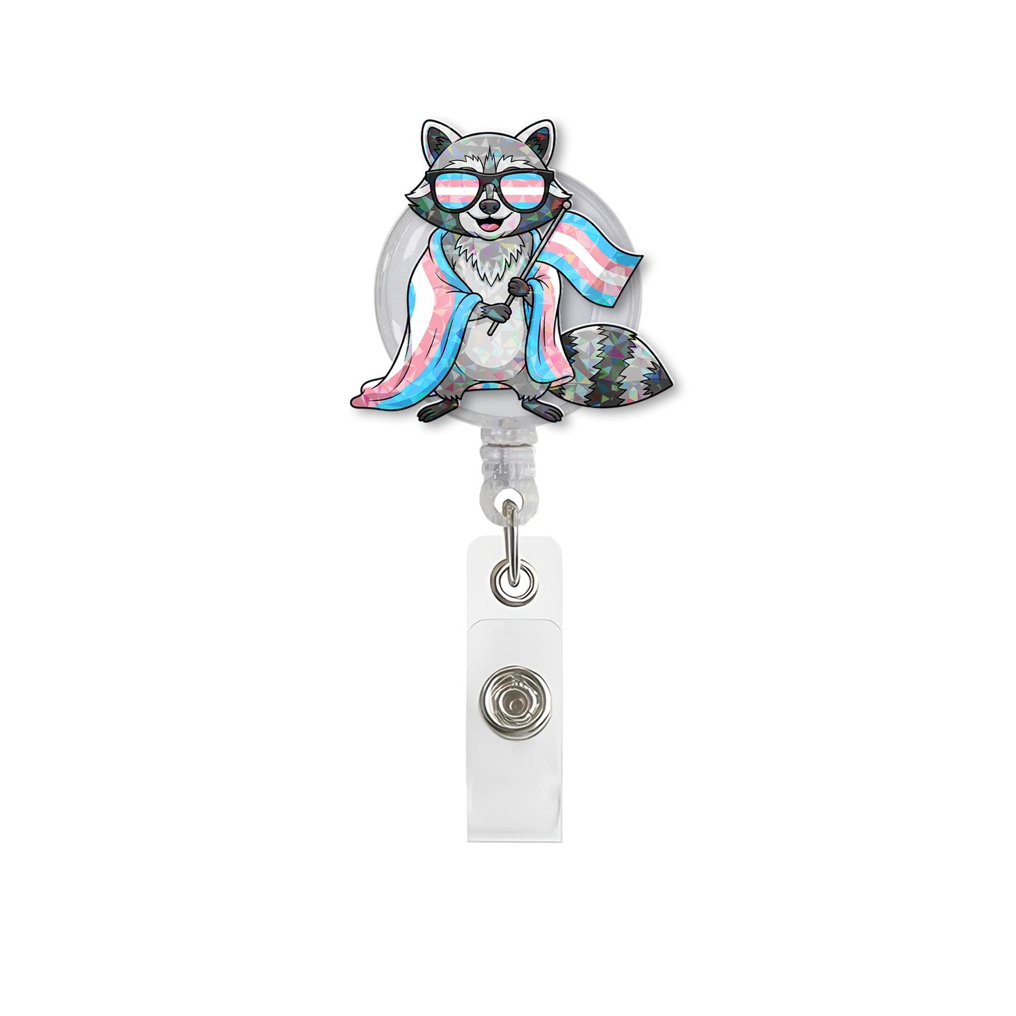 Trans Pride Raccoon Badge Reel – Cute LGBTQ ID Clip for Nurse or Teacher – Funny Inclusive Retractable Badge Holder