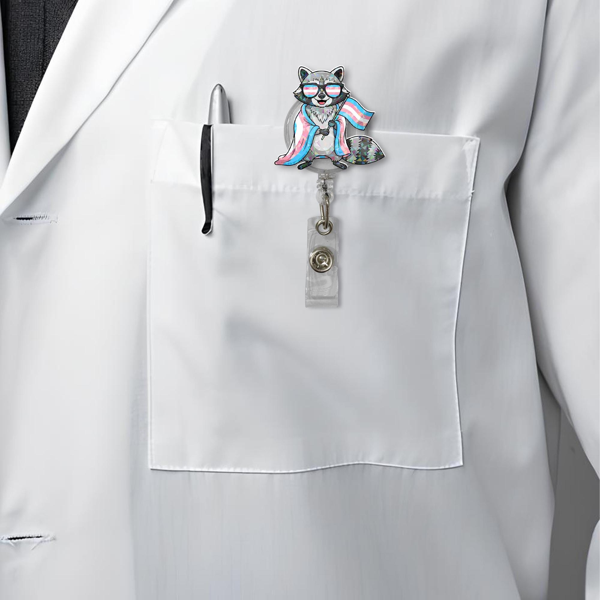 Trans Pride Raccoon Badge Reel – Cute LGBTQ ID Clip for Nurse or Teacher – Funny Inclusive Retractable Badge Holder