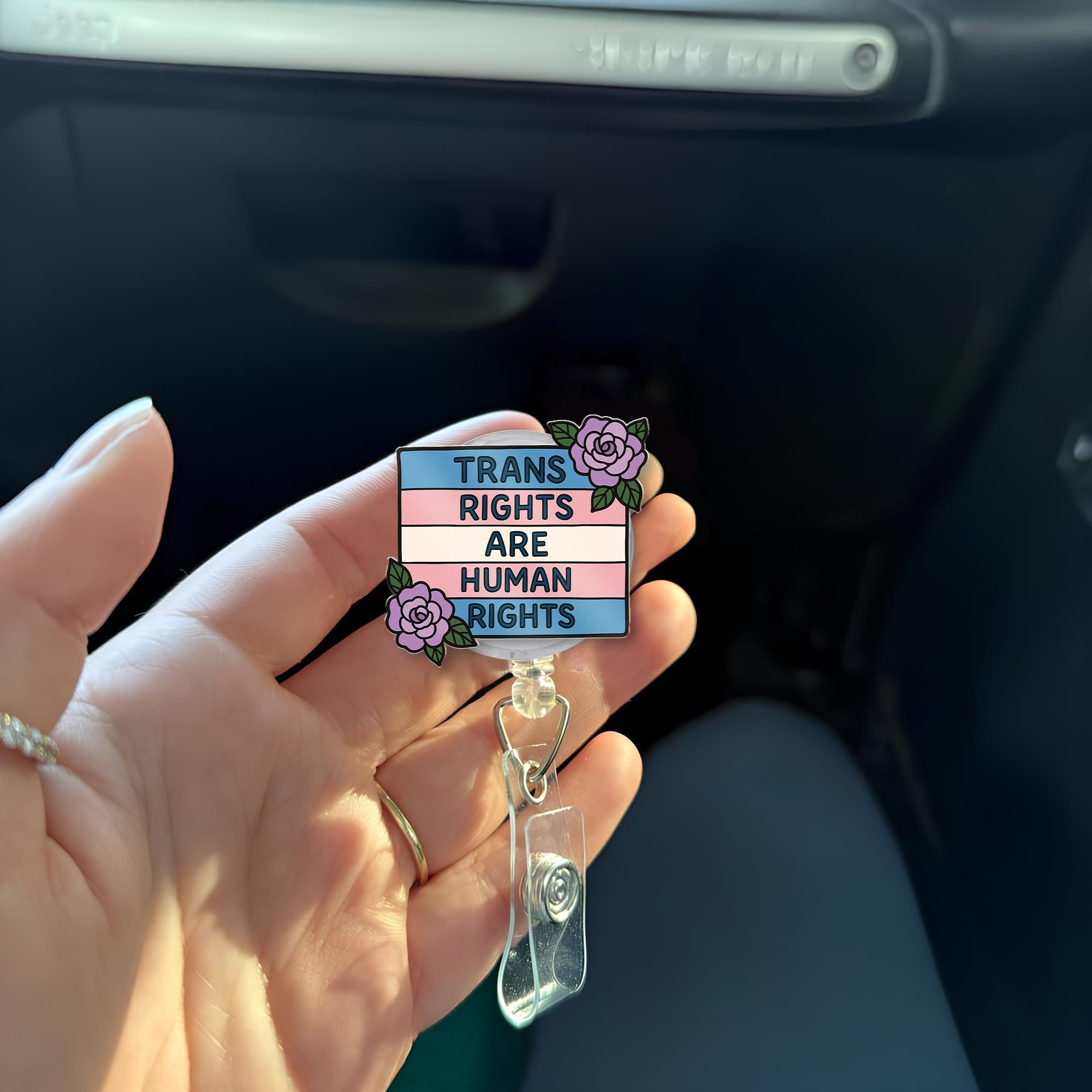 Trans Rights Are Human Rights Badge Reel – LGBTQ ID Clip with Flowers – Pride Nurse Gift – Retractable Badge Holder for Allies