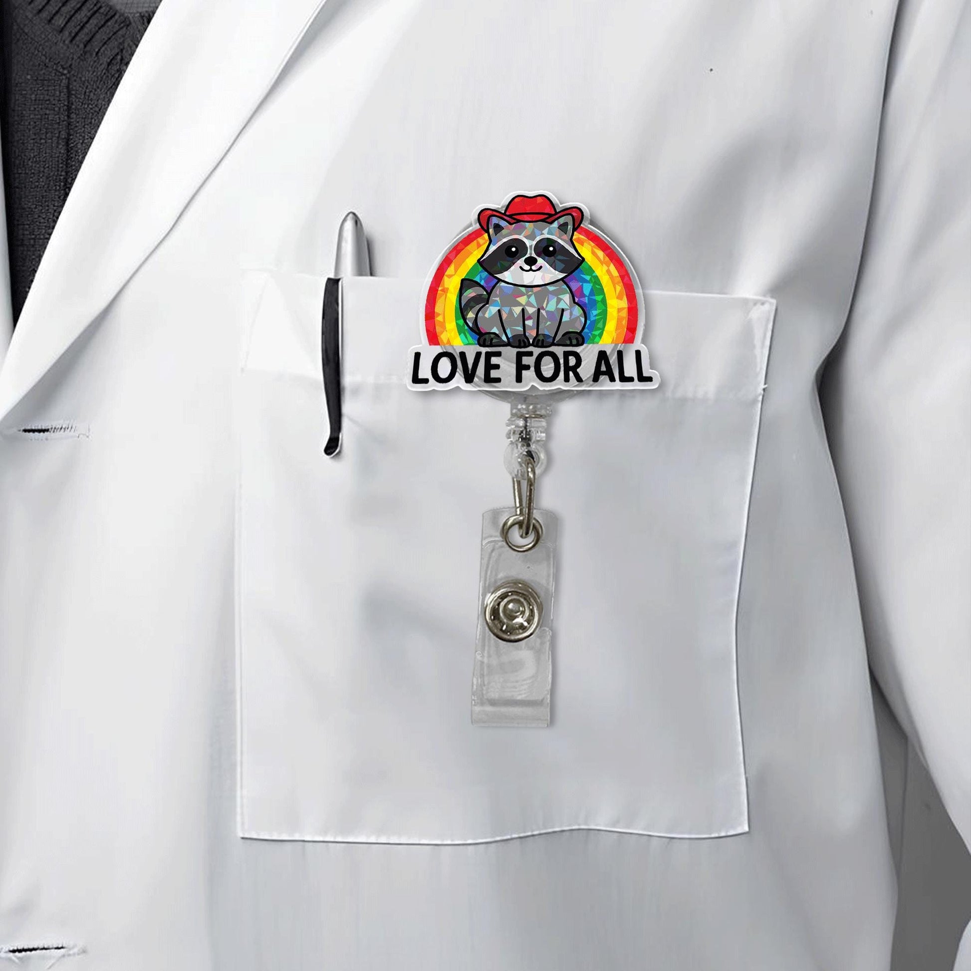 Love For All Raccoon Badge Reel – LGBTQ+ Pride Month Retractable ID Holder – Cute Rainbow Nurse Badge Clip for Work & Allies