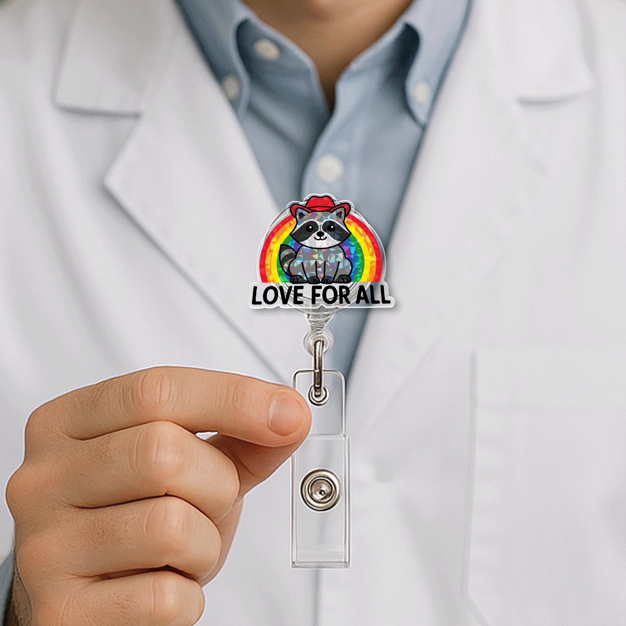 Love For All Raccoon Badge Reel – LGBTQ+ Pride Month Retractable ID Holder – Cute Rainbow Nurse Badge Clip for Work & Allies