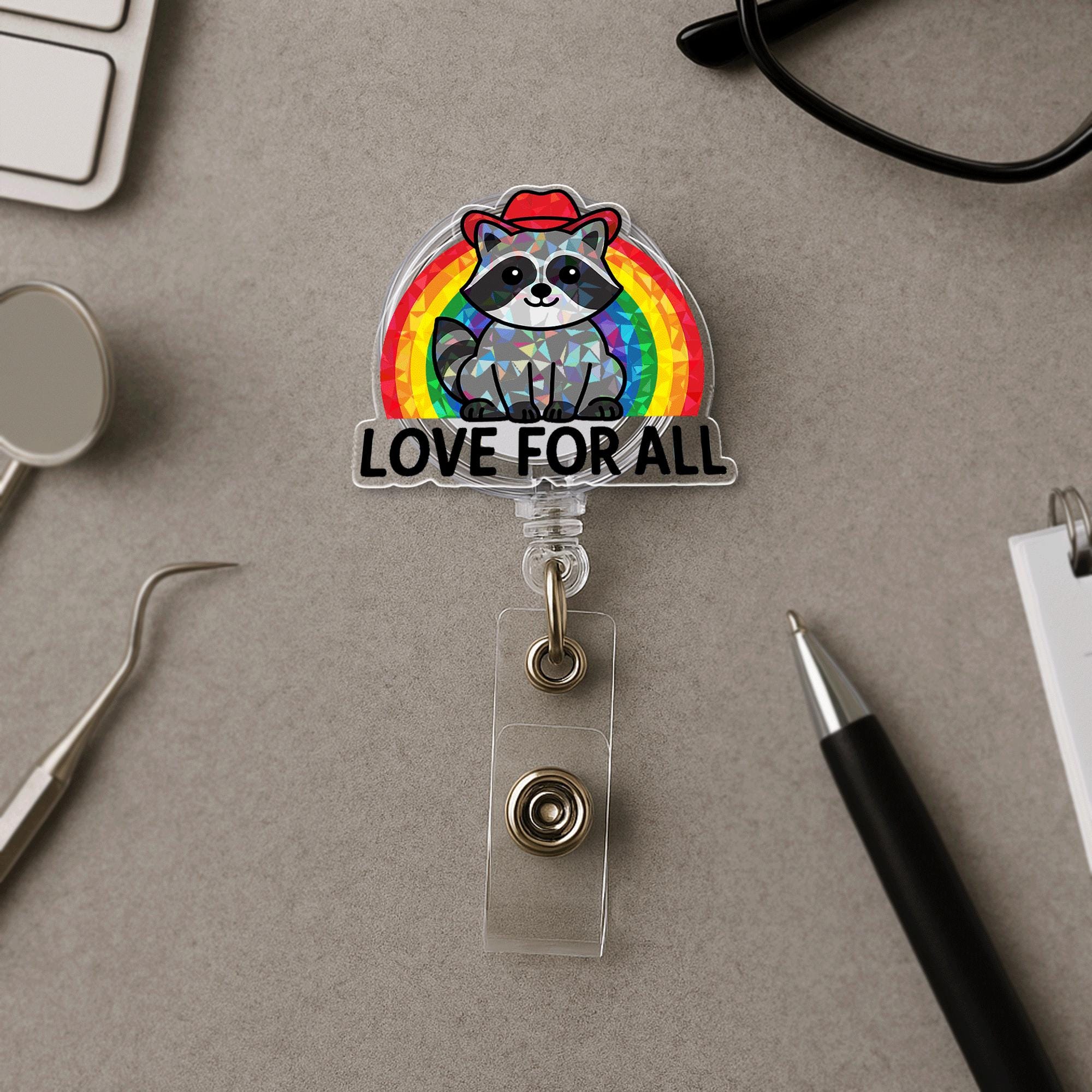 Love For All Raccoon Badge Reel – LGBTQ+ Pride Month Retractable ID Holder – Cute Rainbow Nurse Badge Clip for Work & Allies