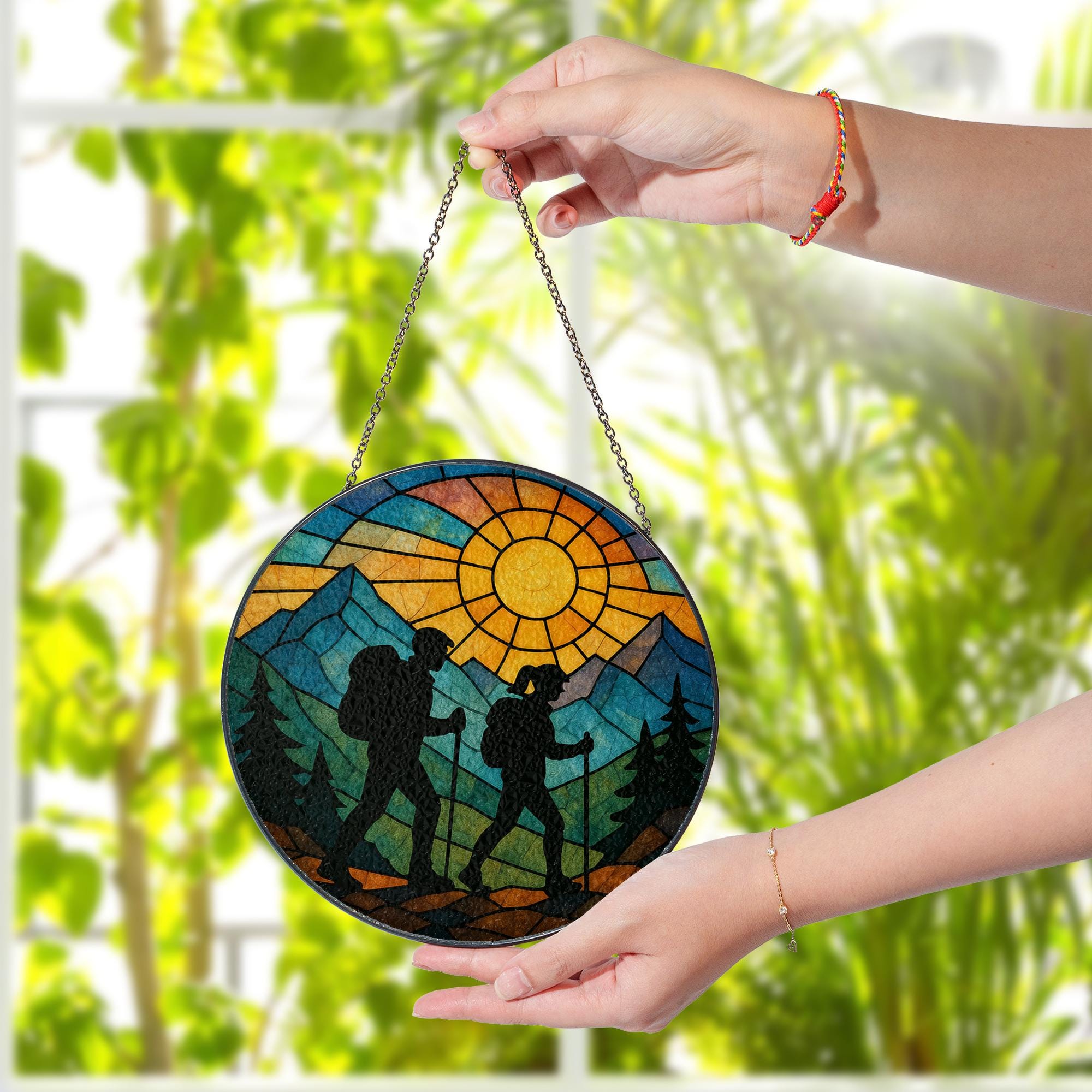 Hiking Couple Glass Suncatcher, Anniversary or Wedding Keepsake, Mountain Sunset Window Decor, Outdoor Adventure Gift