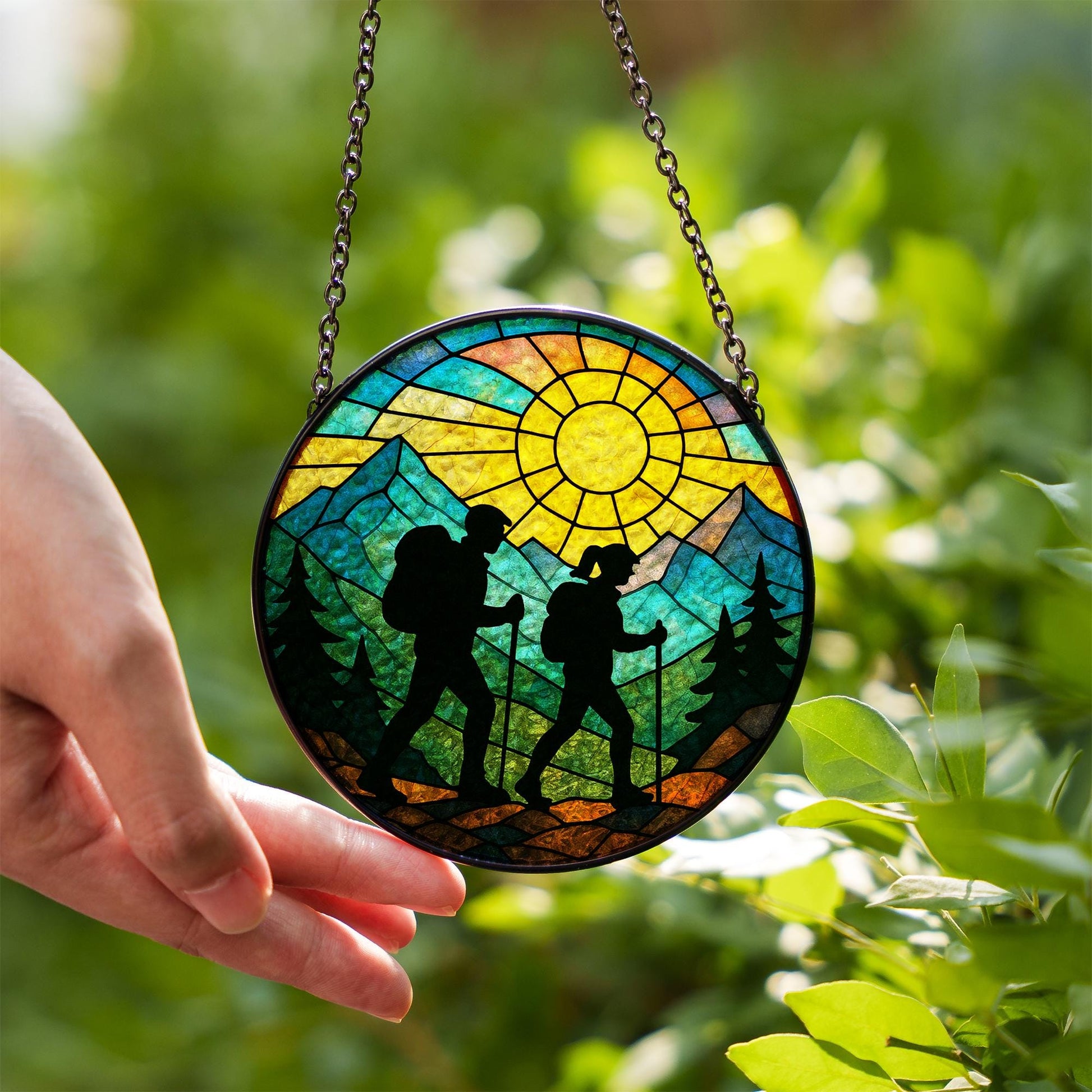 Hiking Couple Glass Suncatcher, Anniversary or Wedding Keepsake, Mountain Sunset Window Decor, Outdoor Adventure Gift