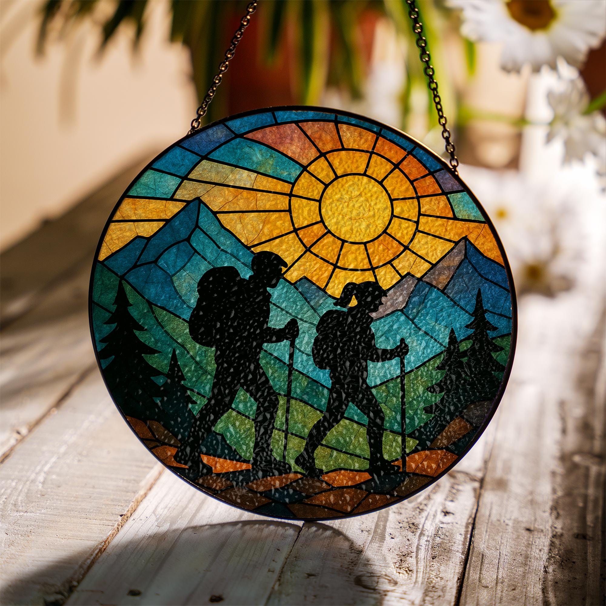 Hiking Couple Glass Suncatcher, Anniversary or Wedding Keepsake, Mountain Sunset Window Decor, Outdoor Adventure Gift