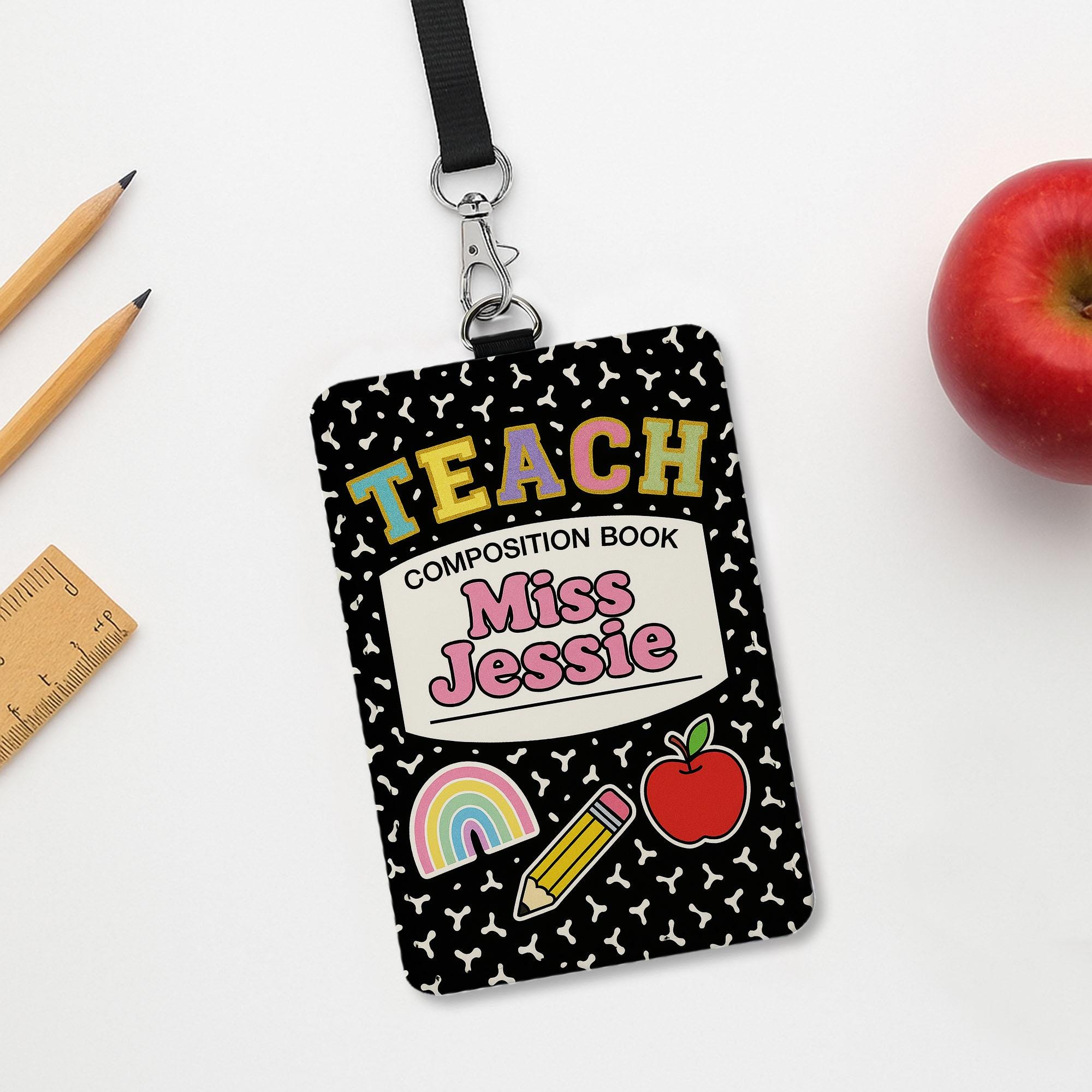 Custom Teacher Badge Holder, Composition Book ID Tag, Back to School Gift for Miss Jessie, Cute Rainbow Apple Pencil Lanyard