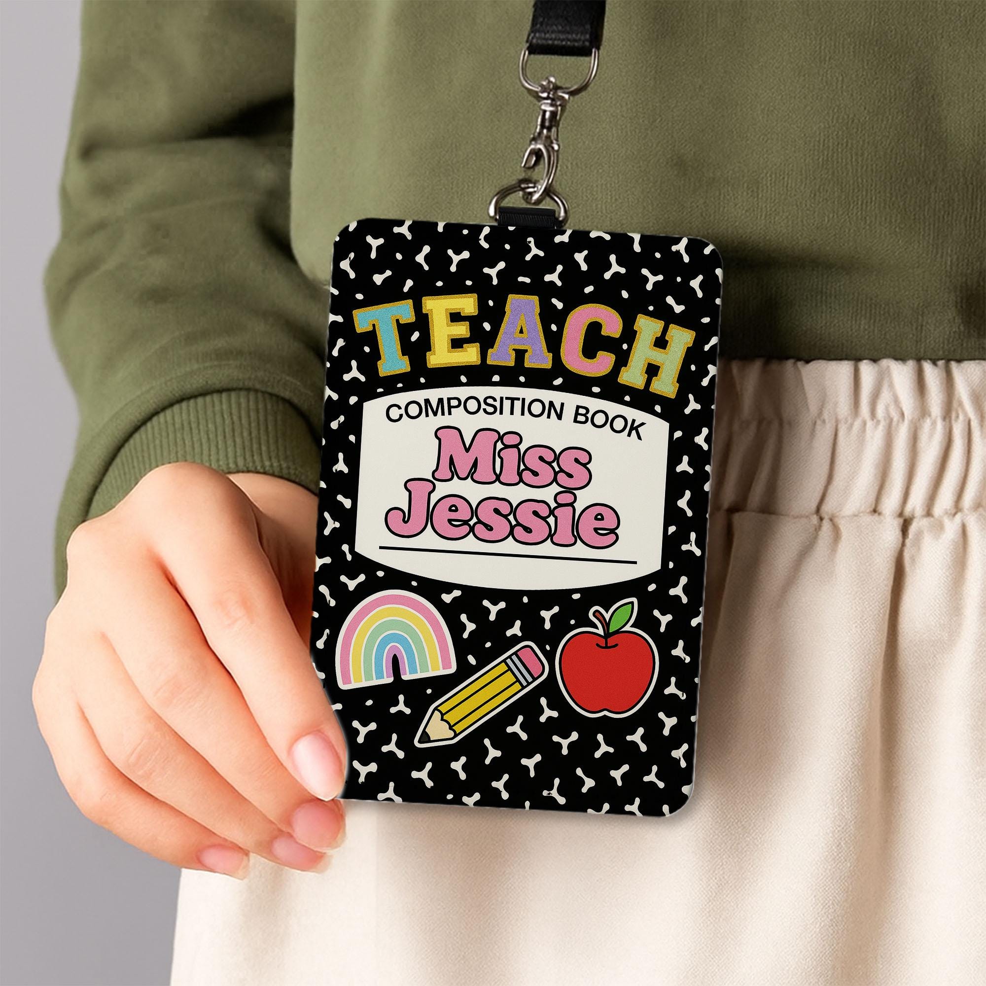 Custom Teacher Badge Holder, Composition Book ID Tag, Back to School Gift for Miss Jessie, Cute Rainbow Apple Pencil Lanyard