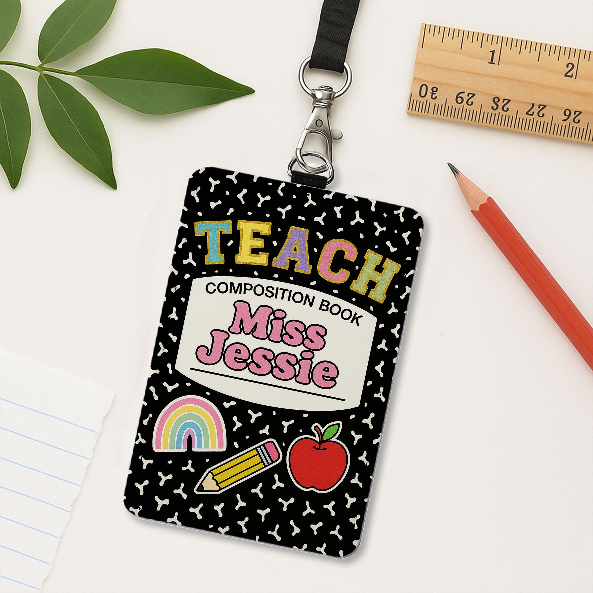 Custom Teacher Badge Holder, Composition Book ID Tag, Back to School Gift for Miss Jessie, Cute Rainbow Apple Pencil Lanyard