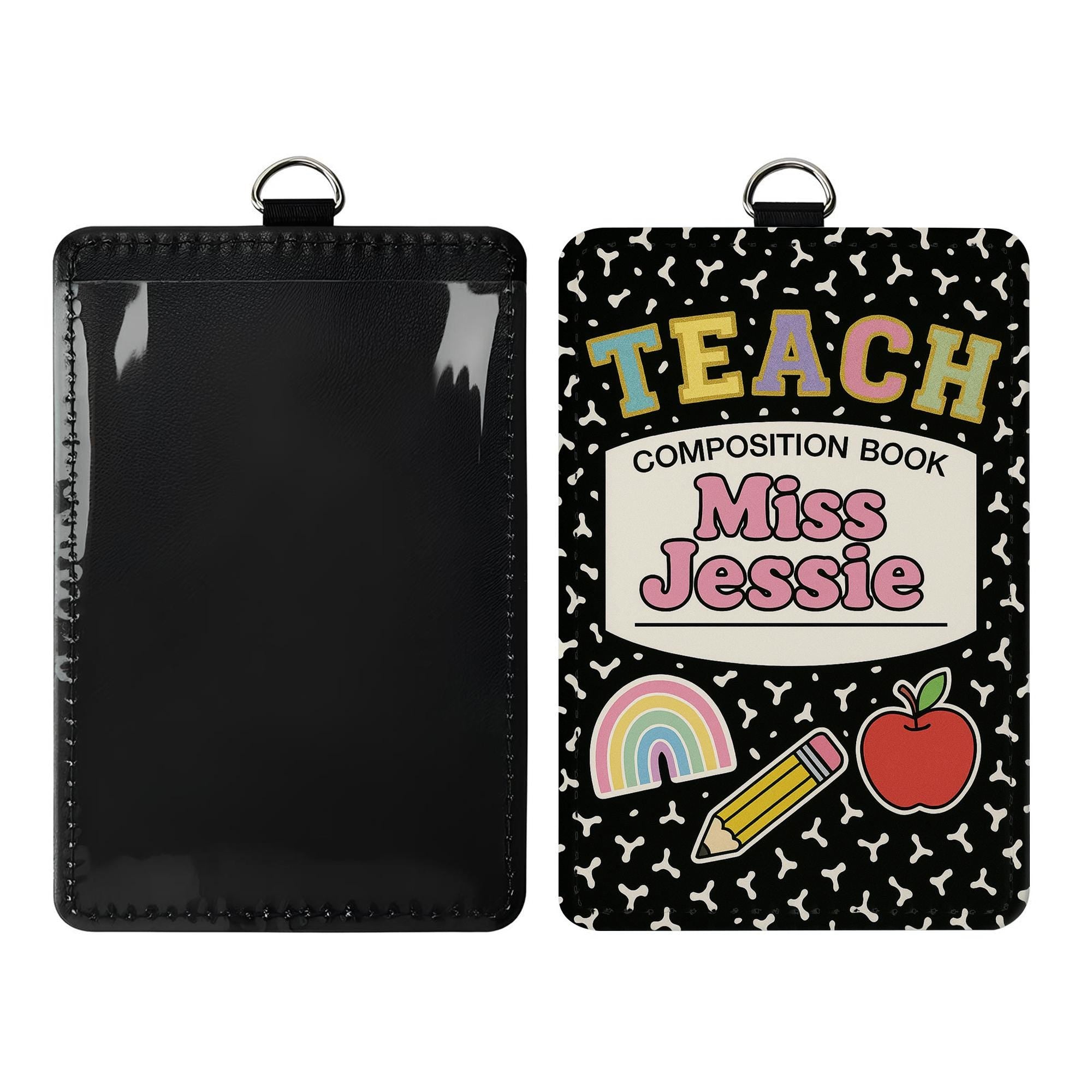 Custom Teacher Badge Holder, Composition Book ID Tag, Back to School Gift for Miss Jessie, Cute Rainbow Apple Pencil Lanyard