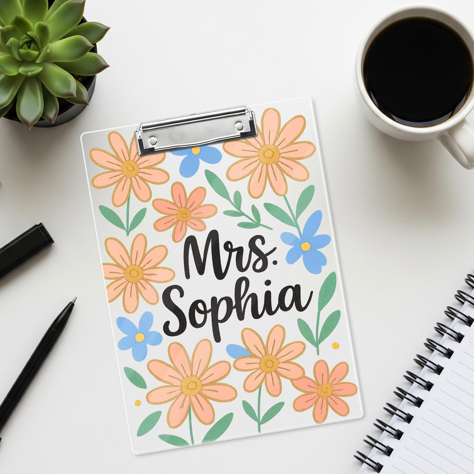 Custom Teacher Clipboard, Floral Acrylic Clipboard with Name, Personalized Back to School Gift, Cute Desk Accessory