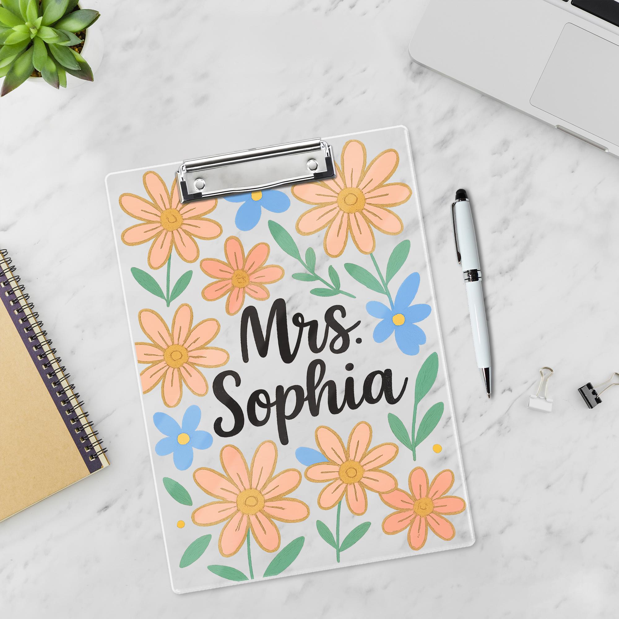 Custom Teacher Clipboard, Floral Acrylic Clipboard with Name, Personalized Back to School Gift, Cute Desk Accessory
