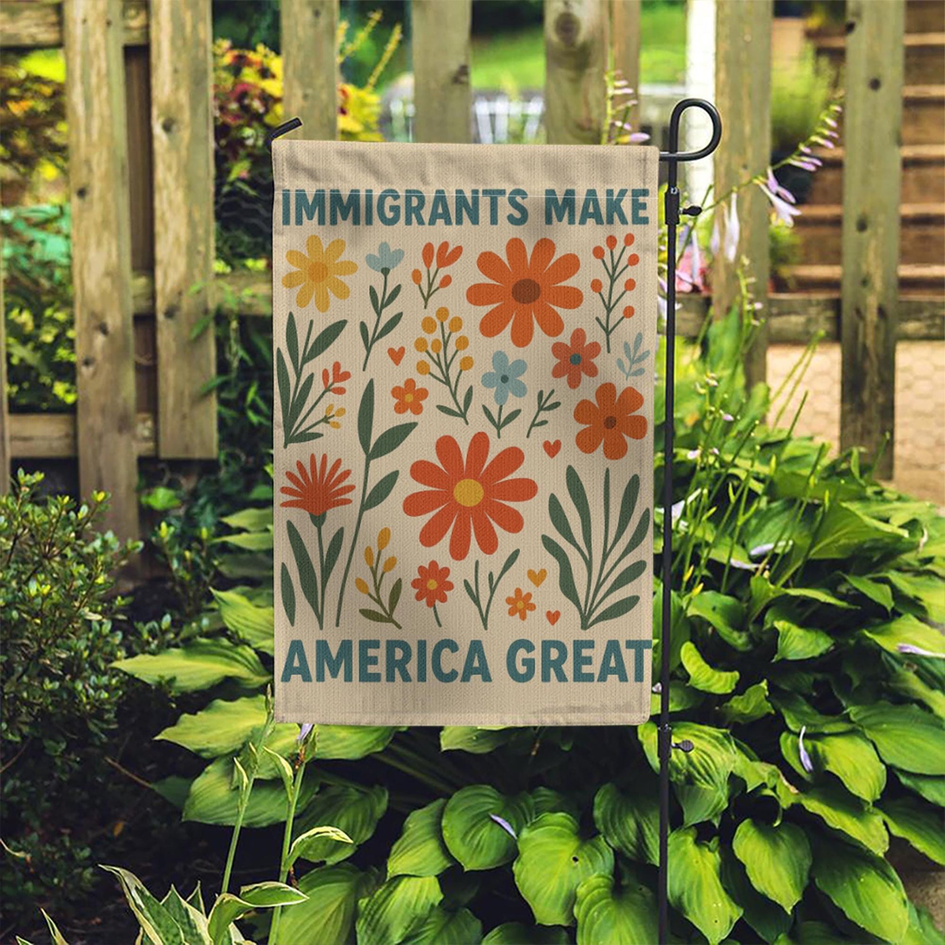Immigrants Make America Great Garden Flag, Floral Yard Decor, Patriotic Garden Banner, Summer Outdoor Sign, Inclusive Lawn Decoration