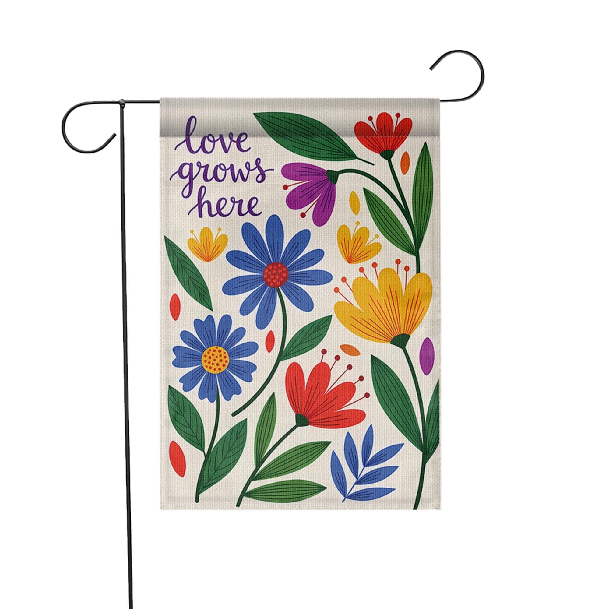 Colorful Floral Garden Flag, Love Grows Here Outdoor Decor, Spring Summer Yard Banner, Double Sided Welcome Flag for Garden Stake