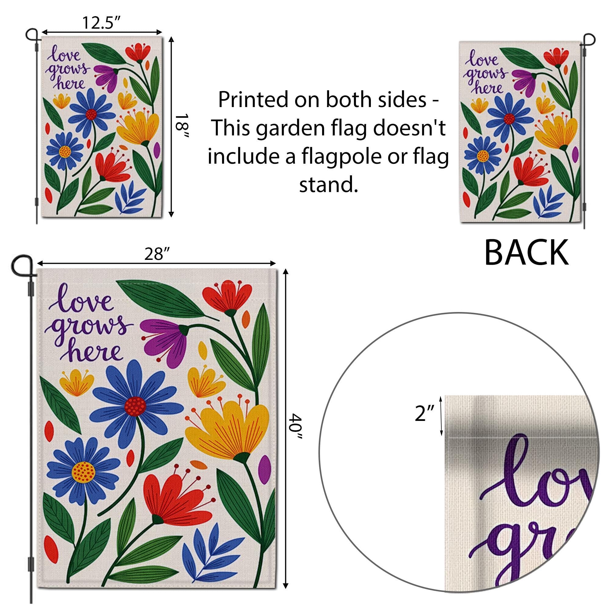 Colorful Floral Garden Flag, Love Grows Here Outdoor Decor, Spring Summer Yard Banner, Double Sided Welcome Flag for Garden Stake