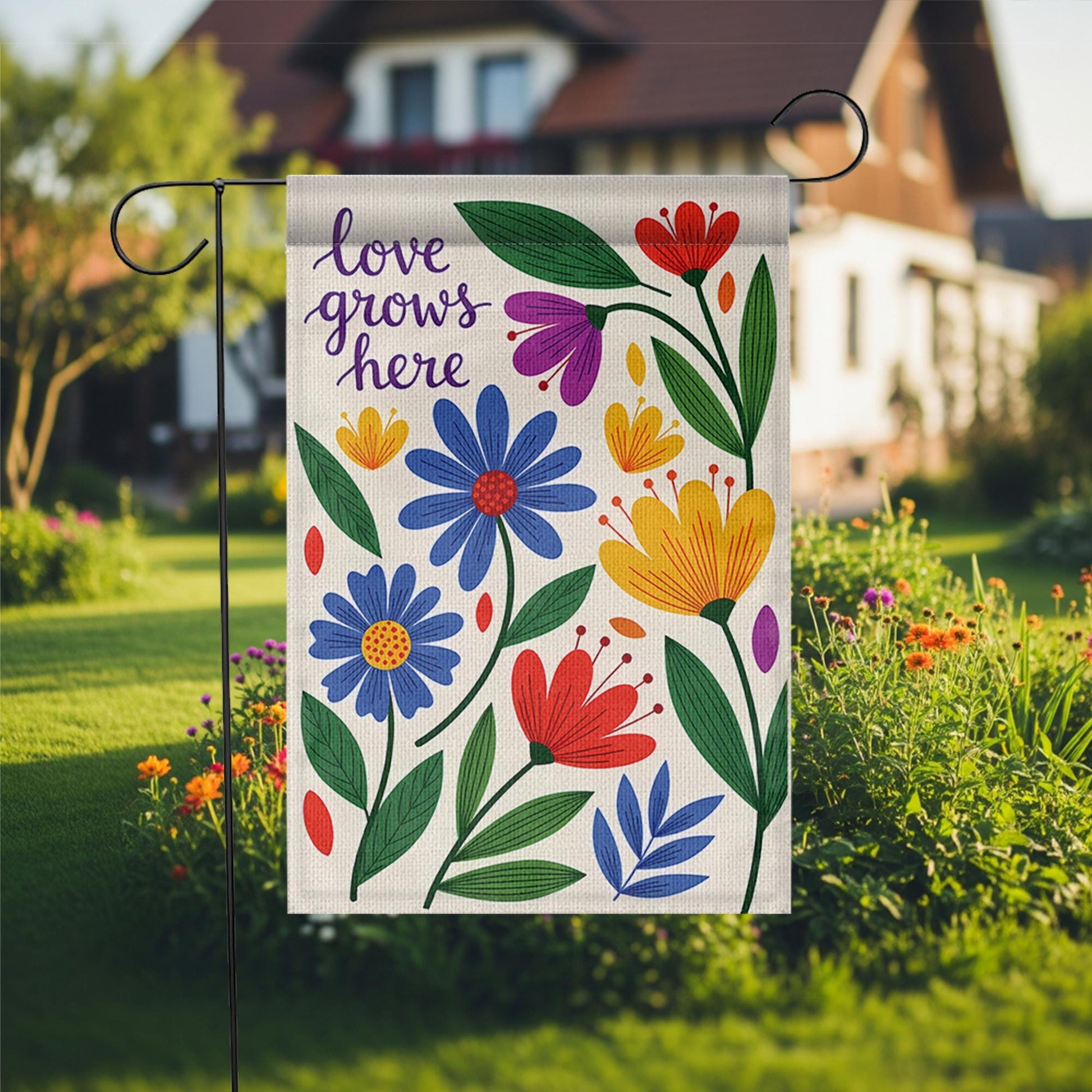 Colorful Floral Garden Flag, Love Grows Here Outdoor Decor, Spring Summer Yard Banner, Double Sided Welcome Flag for Garden Stake