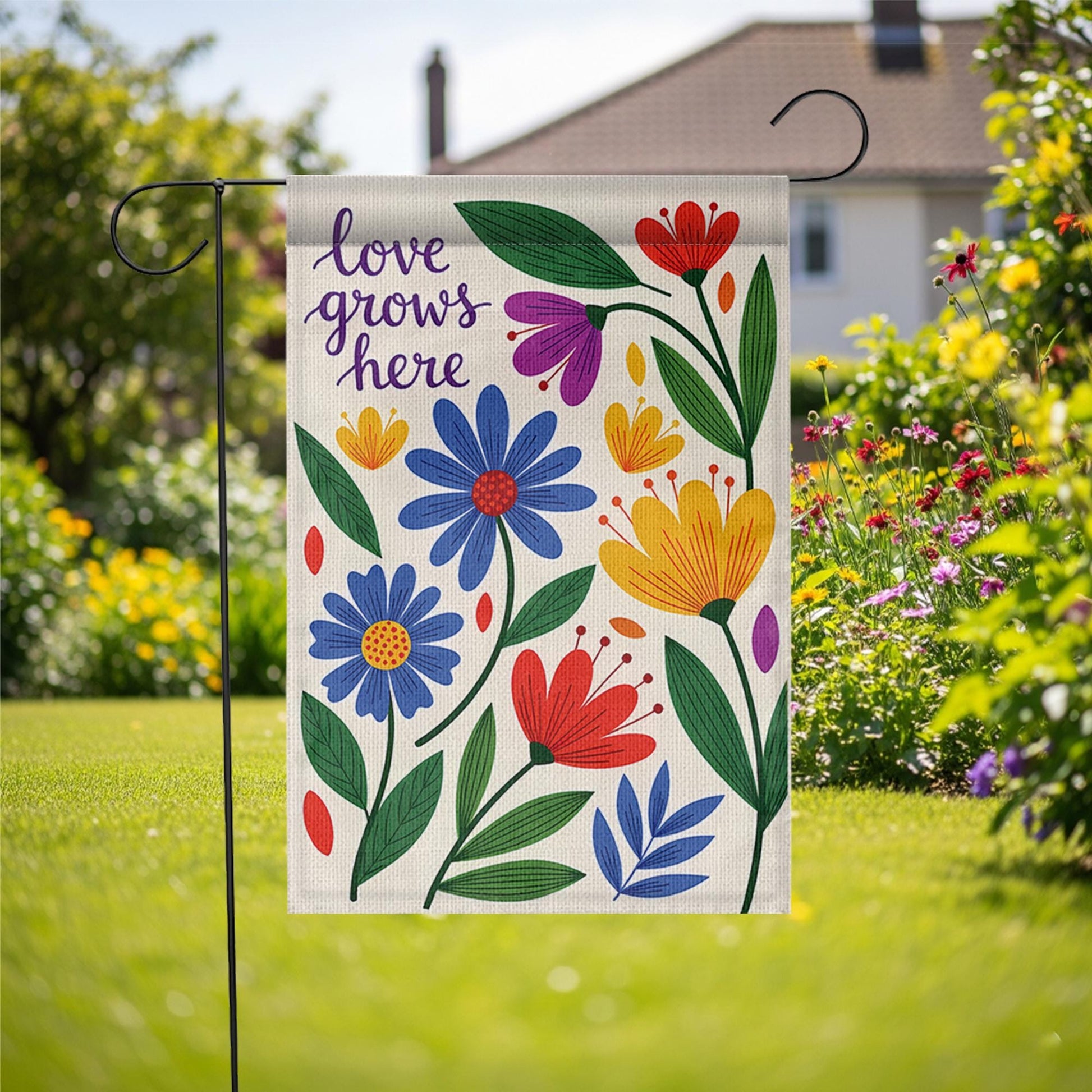 Colorful Floral Garden Flag, Love Grows Here Outdoor Decor, Spring Summer Yard Banner, Double Sided Welcome Flag for Garden Stake