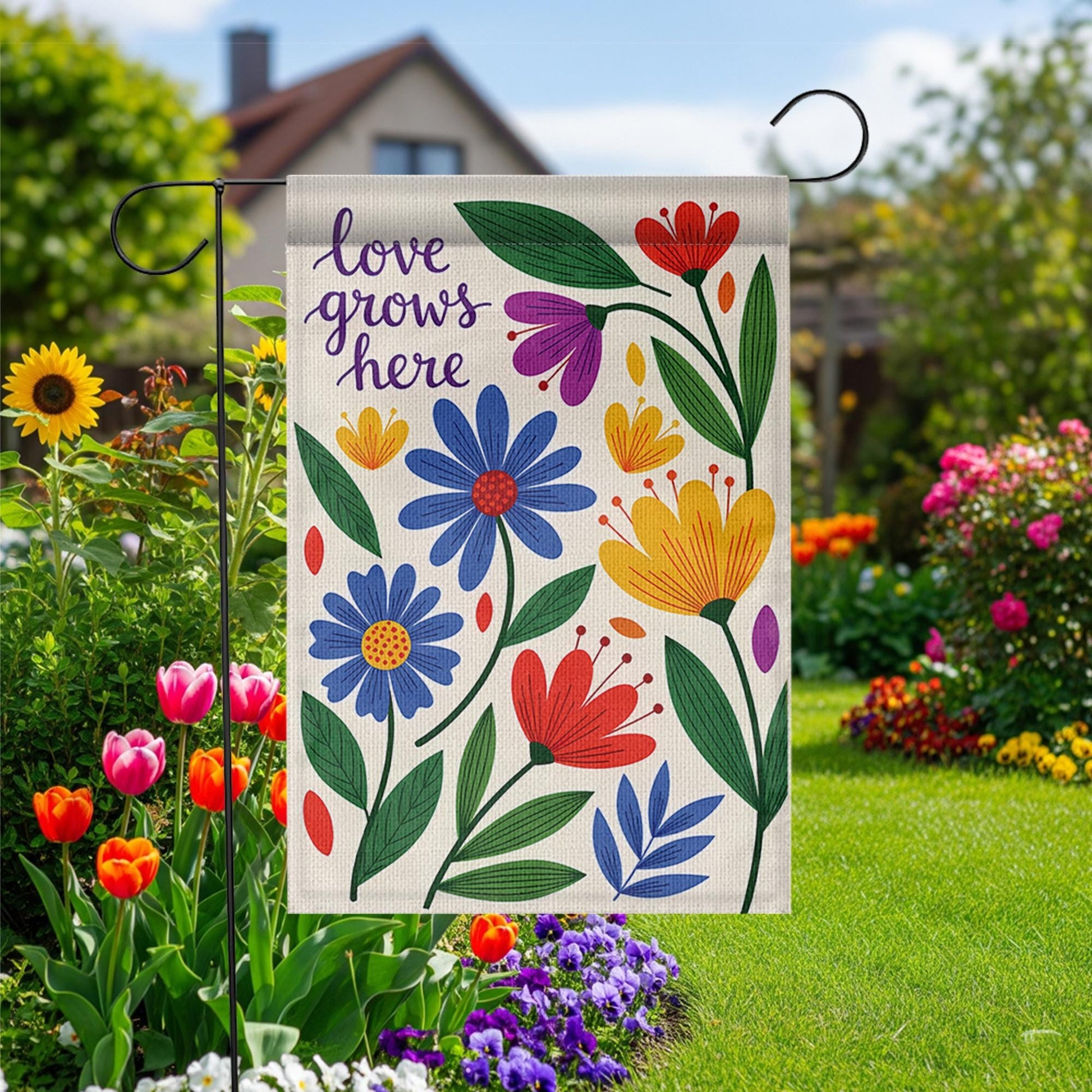 Colorful Floral Garden Flag, Love Grows Here Outdoor Decor, Spring Summer Yard Banner, Double Sided Welcome Flag for Garden Stake