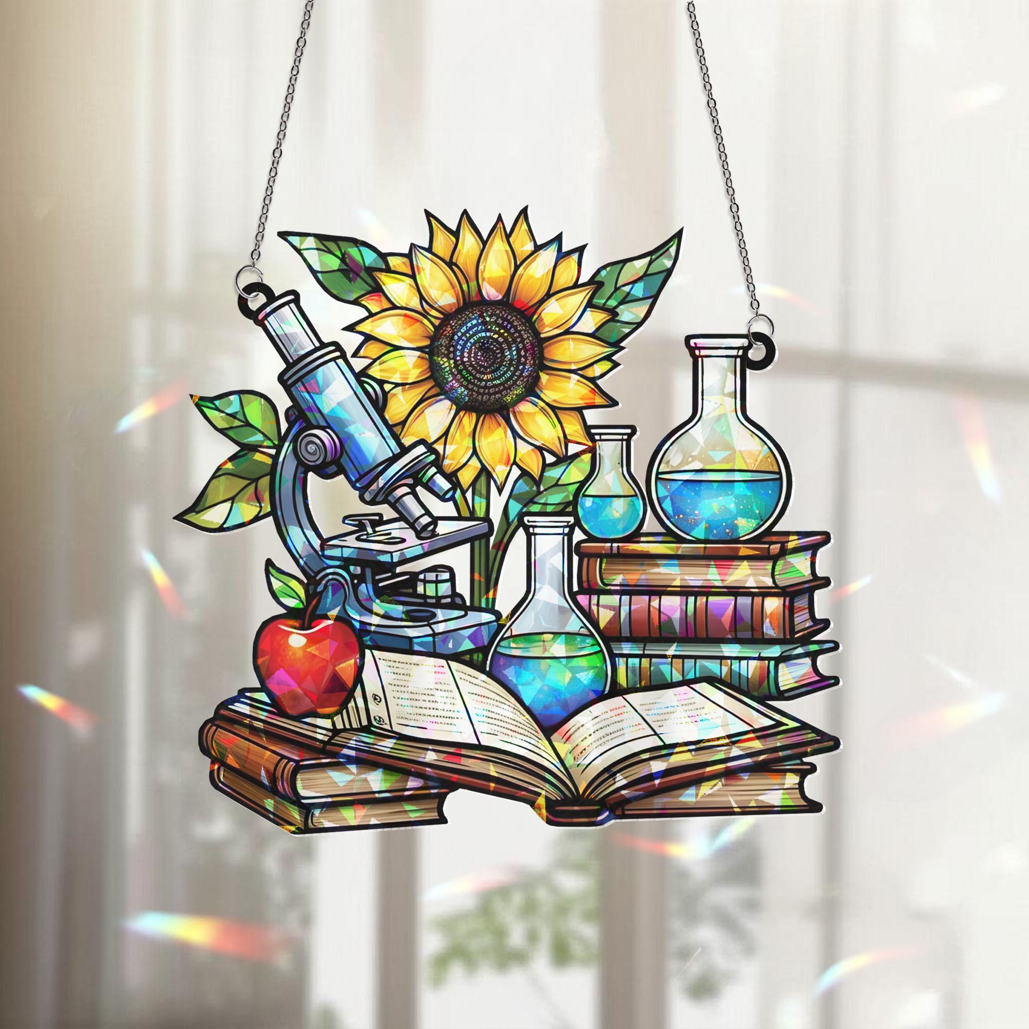 Science Teacher Gift Suncatcher, Holographic Classroom Decor, Microscope Sunflower Window Hanging, Back to School Teacher Gift