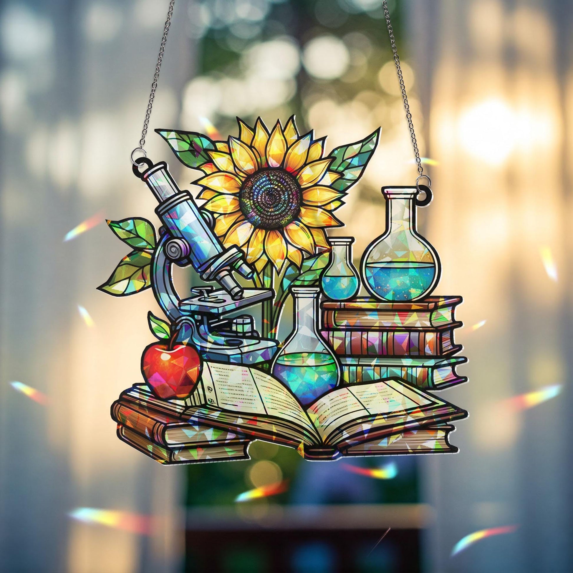 Science Teacher Gift Suncatcher, Holographic Classroom Decor, Microscope Sunflower Window Hanging, Back to School Teacher Gift