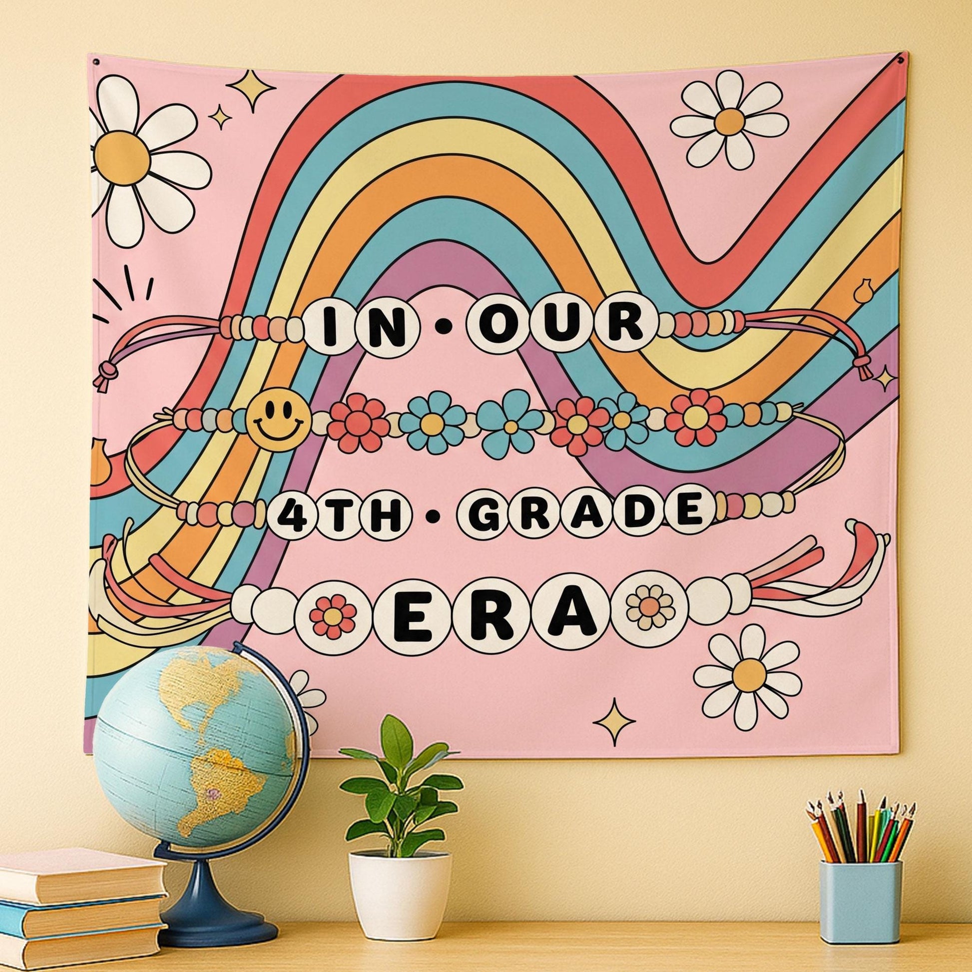 Personalized In Our 4th Grade Era Tapestry, Groovy Retro Classroom Decor, Back To School Teacher Gift, Custom Grade Banner,Boho Wall Hanging