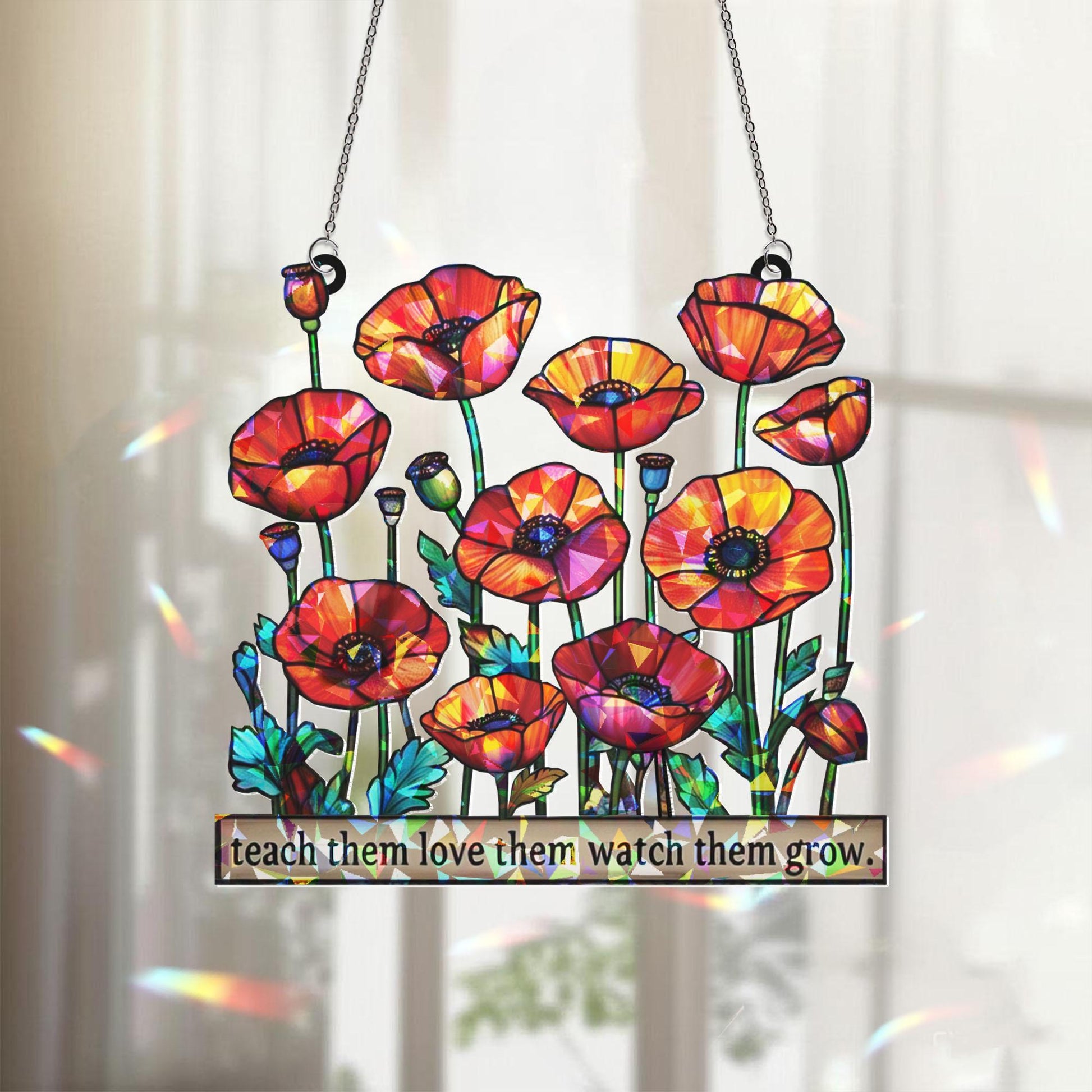 Teach Love Grow Window Hanging, Poppy Flower Suncatcher, Teacher Gift, Floral Classroom Decor, Inspirational Art