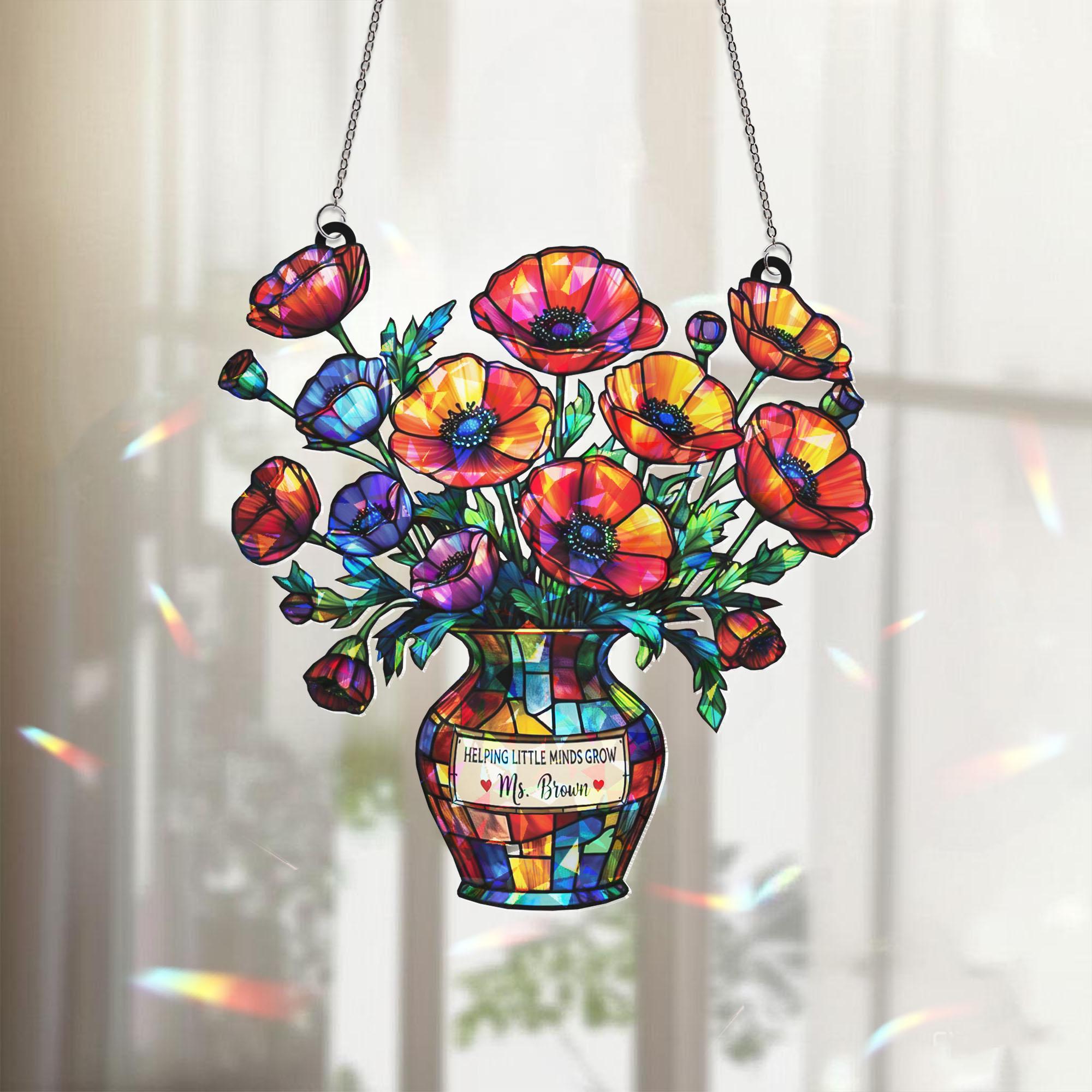 Personalized Teacher Window Hanging, Helping Little Minds Grow, Custom Name Gift, Floral Window Hanging, Poppy Classroom Decor
