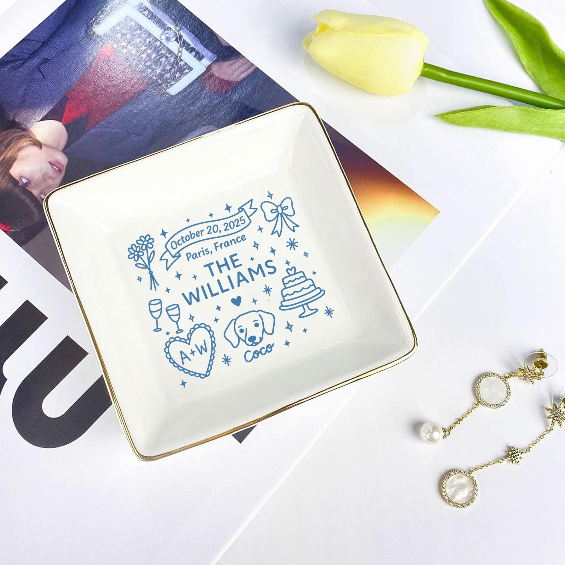 Custom Wedding Jewelry Tray, Personalized Ring Dish with Pet Name, Couple Keepsake decor, Date & Location Gift, wedding gift