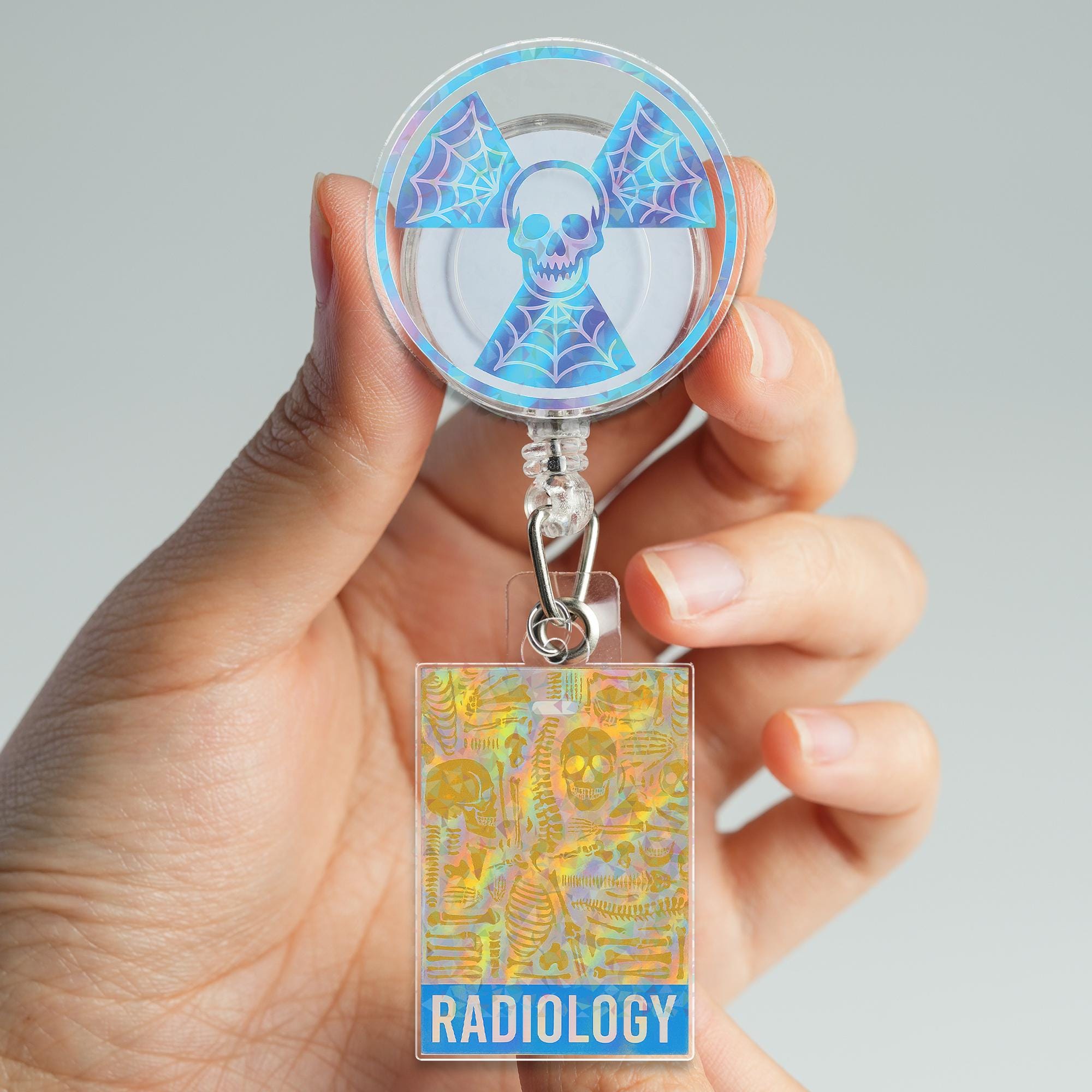 Radiology Badge Reel, Holographic Skull X-ray ID Holder, Spooky Rad Tech Gift for Nurse, Gothic Medical Staff Name Badge Holder
