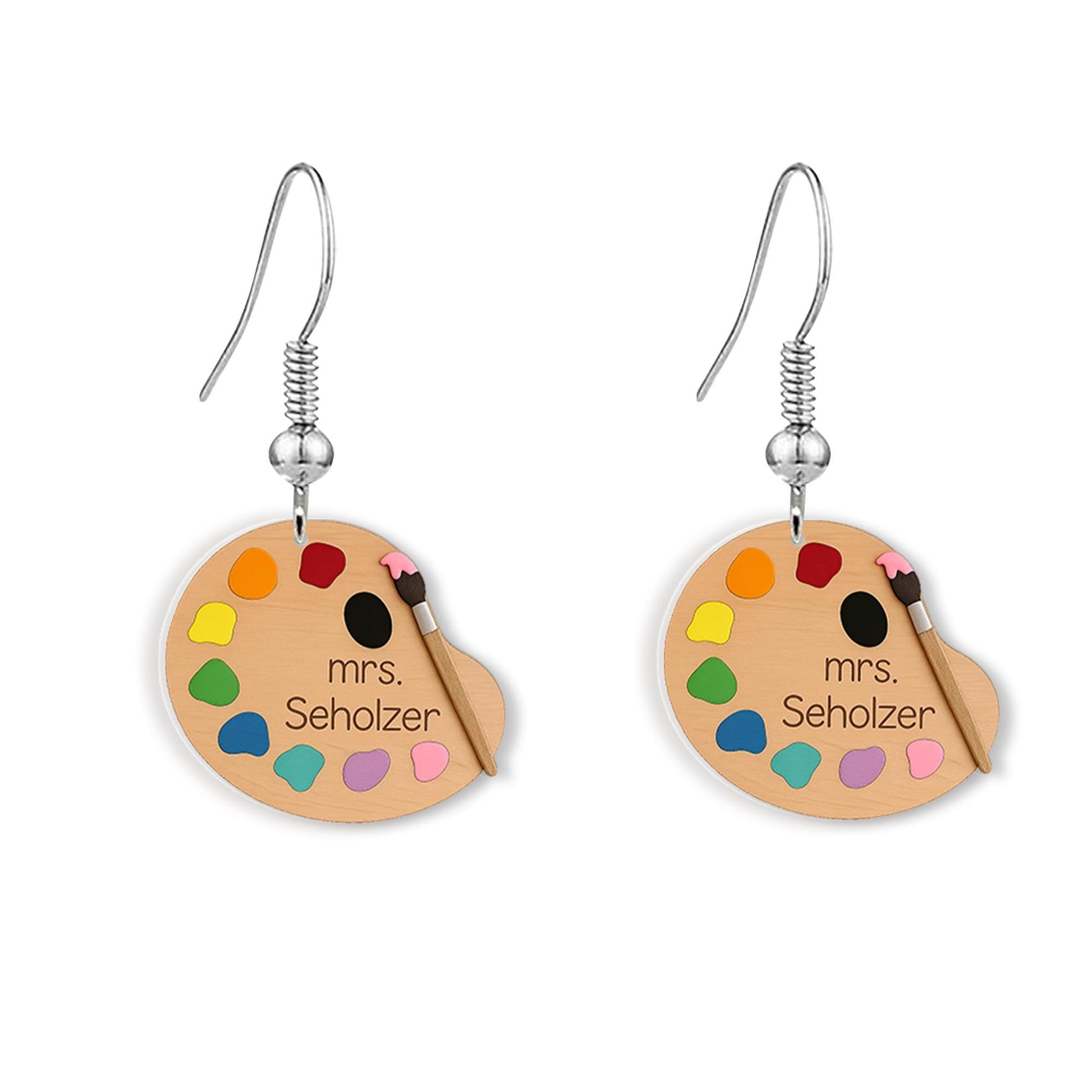 Personalized Art Teacher Earrings - Custom Name Artist Palette Dangle Earrings with Paint Brushes - Unique Teacher Gift, Artist Gift for Her