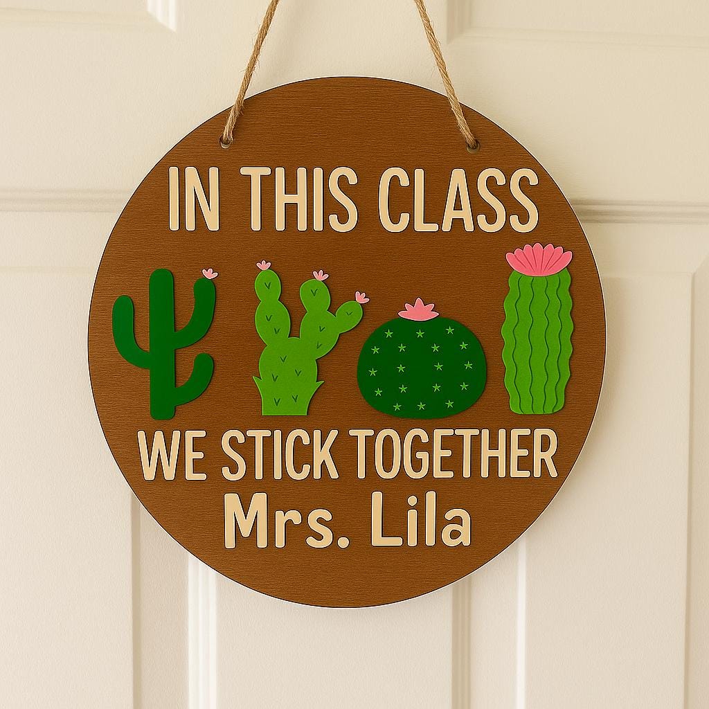 Personalized Teacher Gift, We Stick Together Cactus Classroom Decor, Custom Name Wood Sign, Teacher Door Hanger, Back to School Present