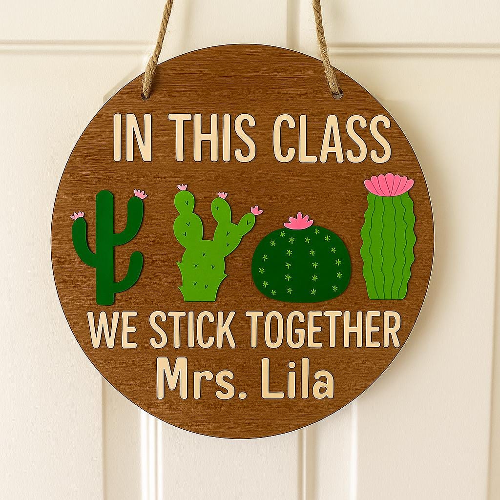 Personalized Teacher Gift, We Stick Together Cactus Classroom Decor, Custom Name Wood Sign, Teacher Door Hanger, Back to School Present