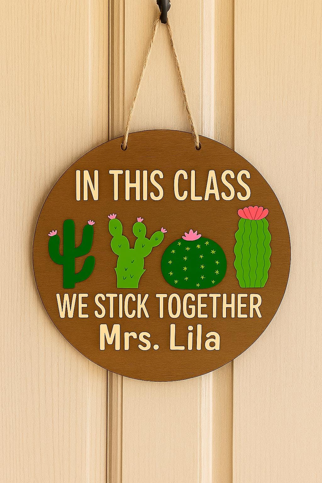Personalized Teacher Gift, We Stick Together Cactus Classroom Decor, Custom Name Wood Sign, Teacher Door Hanger, Back to School Present