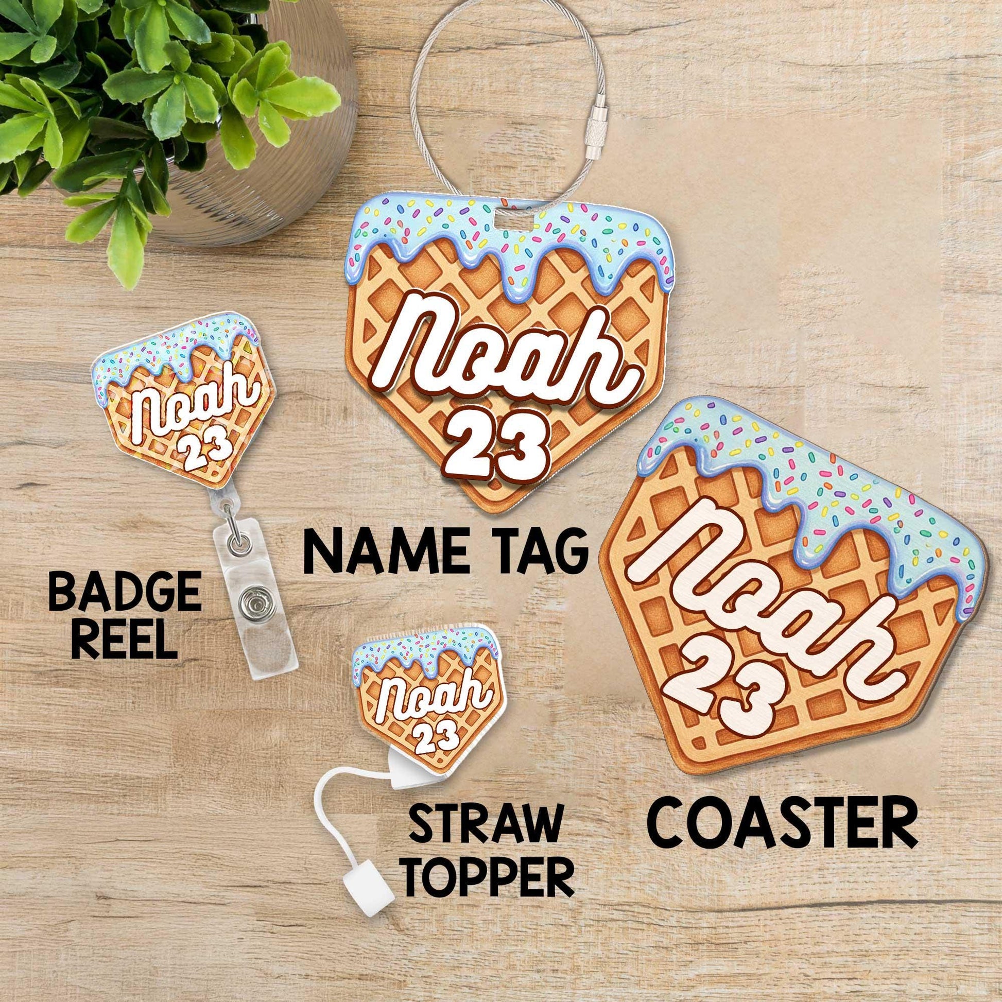 Custom Waffle Badge Reel, Personalized Name ID Holder with Sprinkles, Cute Foodie Gift for Nurse, Teacher, RN, Retractable Lanyard