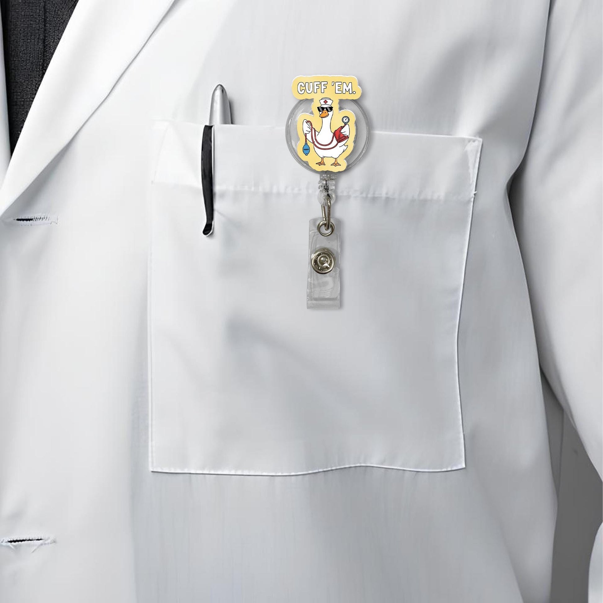 Funny Nurse Badge Reel, Cuff 'Em Duck ID Holder, Cute Medical Badge Clip, RN LPN Badge Reel, Nursing Accessory Gift