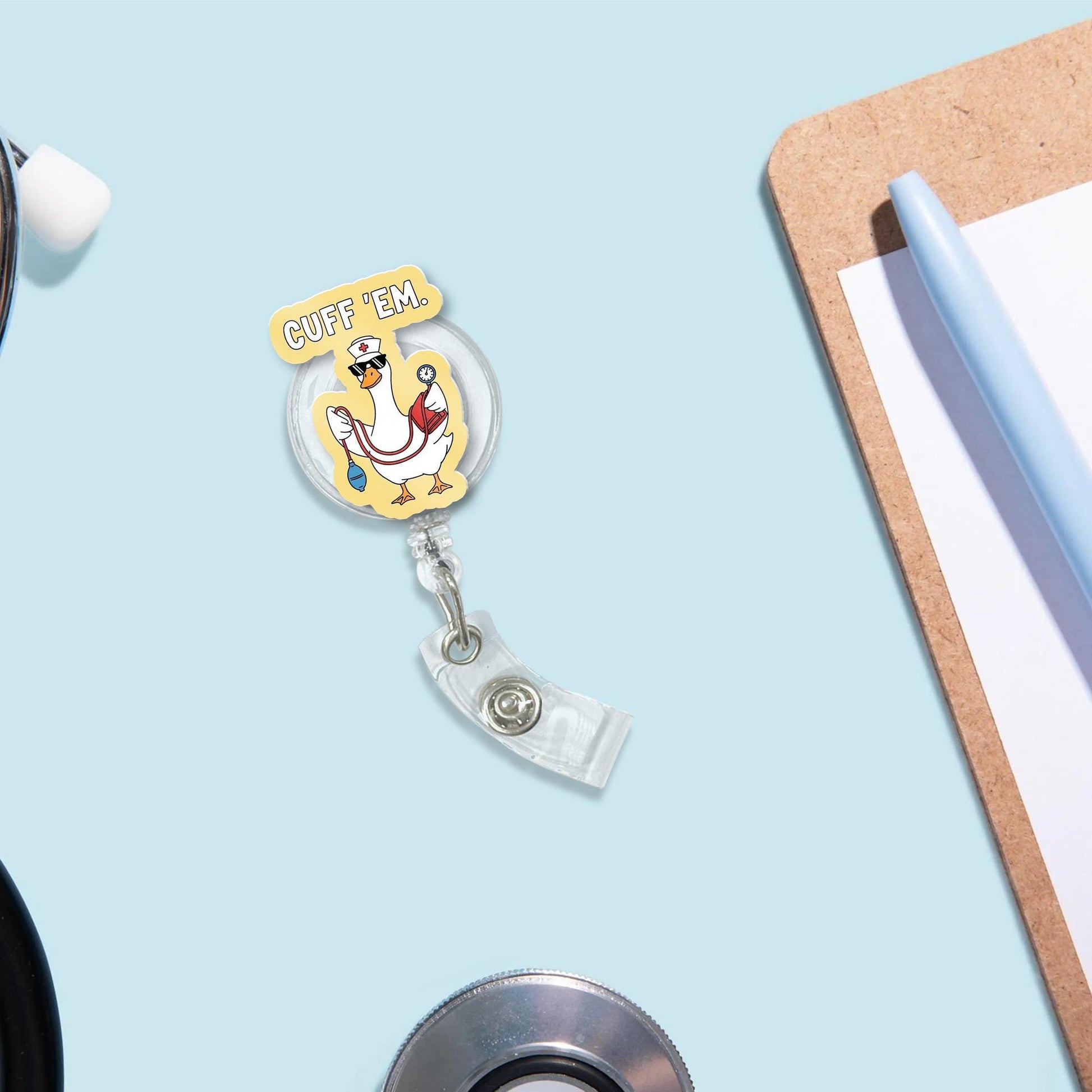 Funny Nurse Badge Reel, Cuff 'Em Duck ID Holder, Cute Medical Badge Clip, RN LPN Badge Reel, Nursing Accessory Gift