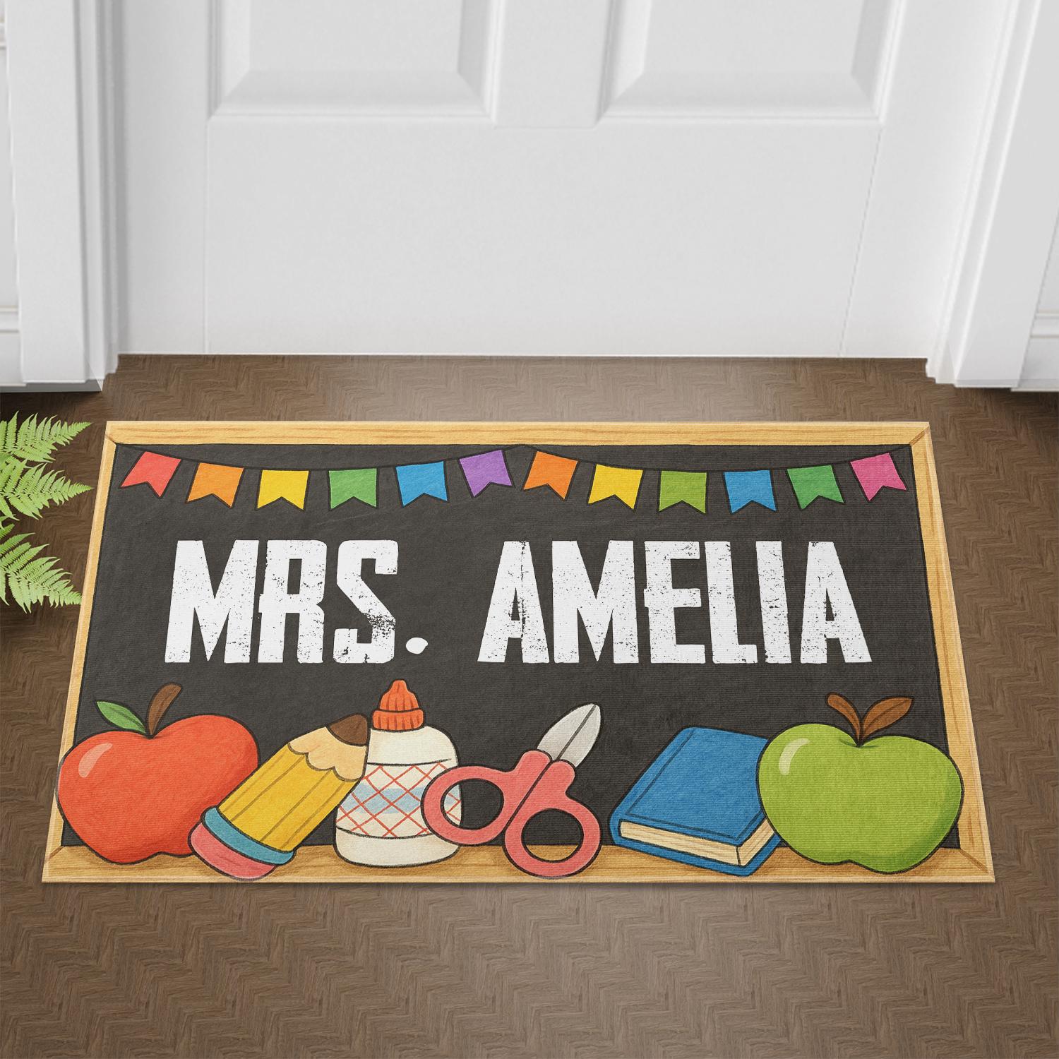 Custom Teacher Doormat - Personalized Classroom Rug with Name - Back to School Welcome Mat - Cute Apple & Chalkboard Design, School Theme