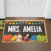 Custom Teacher Doormat - Personalized Classroom Rug with Name - Back to School Welcome Mat - Cute Apple & Chalkboard Design, School Theme