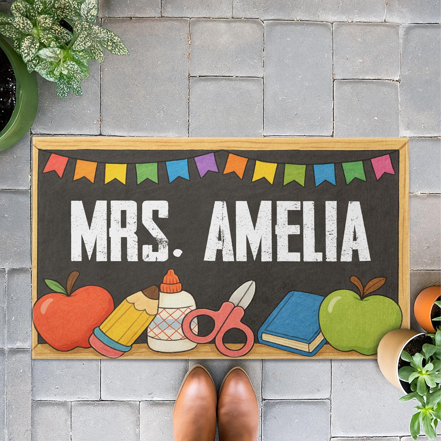 Custom Teacher Doormat - Personalized Classroom Rug with Name - Back to School Welcome Mat - Cute Apple & Chalkboard Design, School Theme