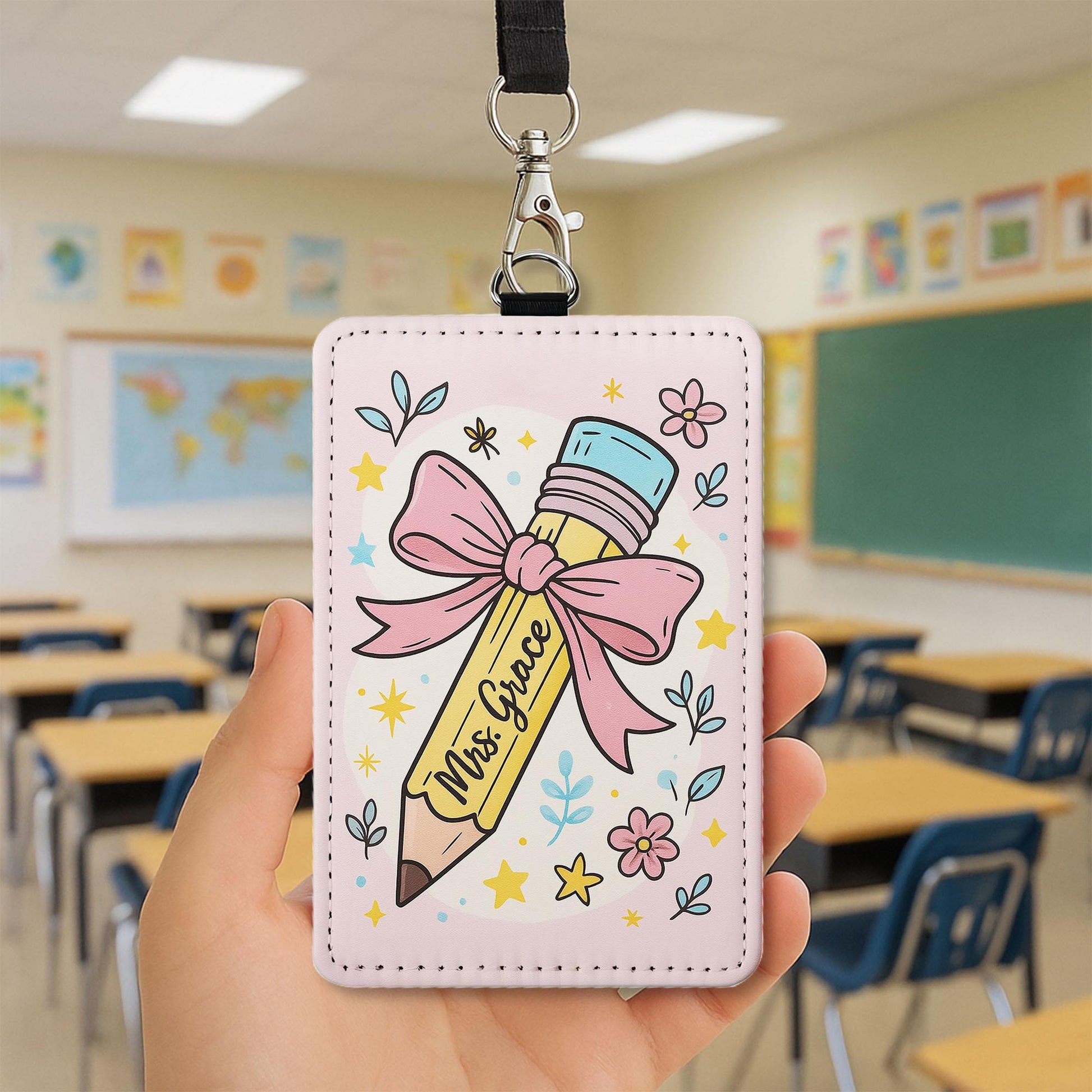 Personalized Teacher ID Badge Holder, Cute Pencil Floral Name Tag, Custom Lanyard for Educators, Back to School