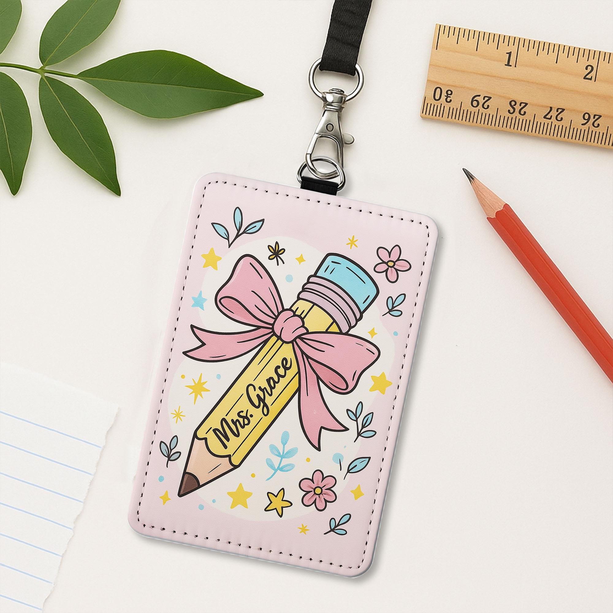 Personalized Teacher ID Badge Holder, Cute Pencil Floral Name Tag, Custom Lanyard for Educators, Back to School