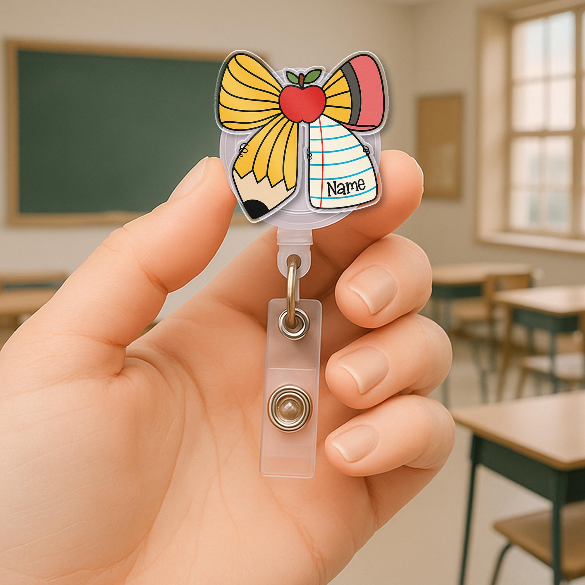 Personalized Teacher Badge Reel, Cute Pencil Bow ID Clip, Custom Name Badge Holder, Back to School Gift for Educators