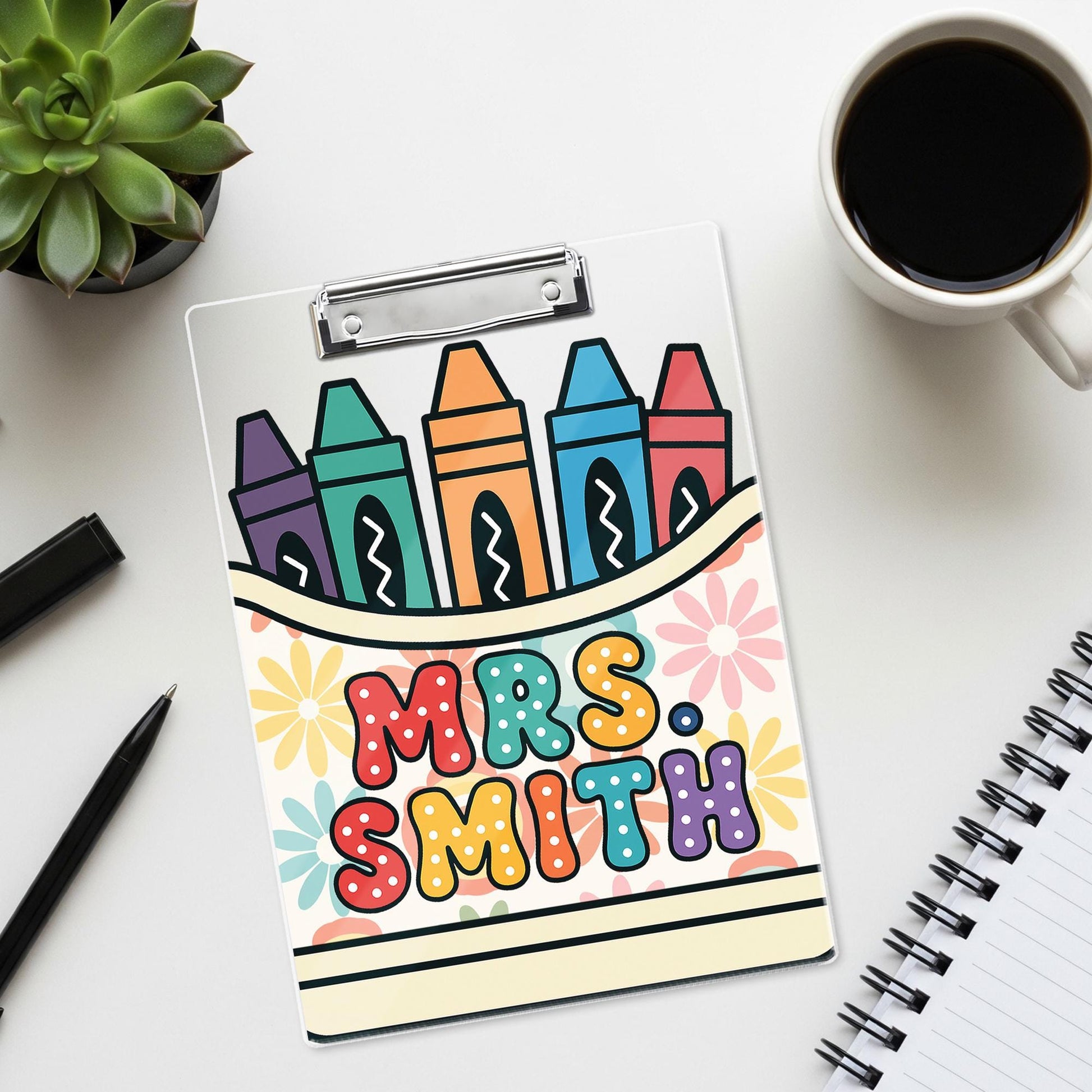 Personalized Teacher Clipboard with Name - Cute Crayon & Flower Design - Back to School Gift for Classroom Organization, Educators Gift