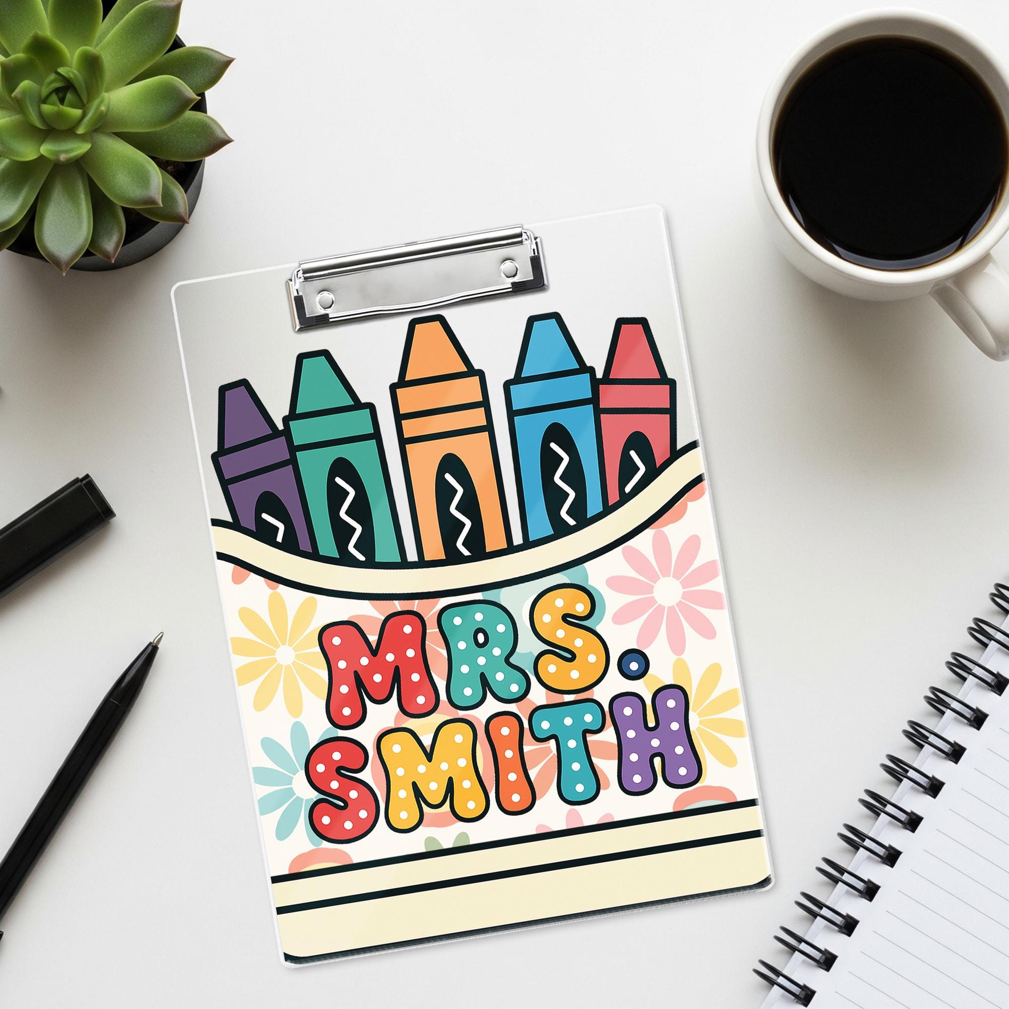 Personalized Teacher Clipboard with Name - Cute Crayon & Flower Design - Back to School Gift for Classroom Organization, Educators Gift